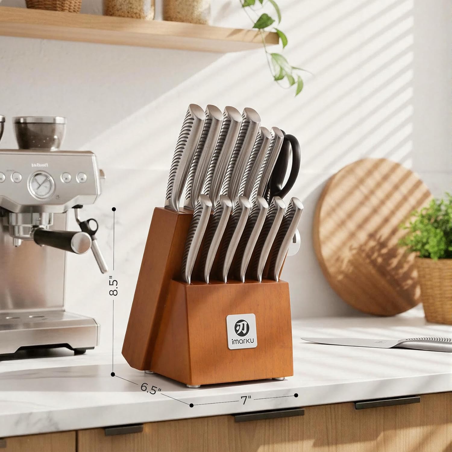 imarku 14-Piece Knife Set, Japanese Stainless Steel Knives Set for Kitchen, Full-Tang Gyutou Knife Sets with Block and Build-in Sharpener, Brown, Dishwasher Safe, House Warming Gifts for Men