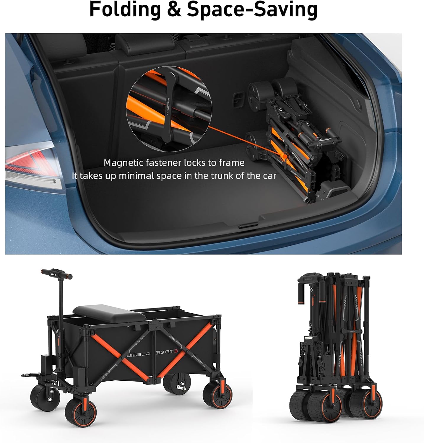 WISELD GT3 Foldable Electric Wagon Cart with Seat, Dymanic Load 551LBS/Static 771LBS All Terrain Wagon, Reverse Function, Precision Steering, 2 Modes for Shopping, Sports, Garden, Camping (Black)