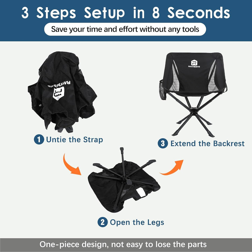 Raynesys Portable Camping Chair 2 Pack, 8 Seconds Quick Setup Folding Camping Chair, Flexible 360° Rotation, 3.8Lb Lightweight Travel Chairs for Easy Carry to Hiking, Sporting, Travel, Beach