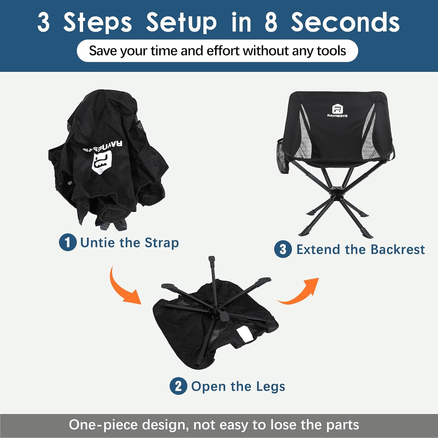 Raynesys Portable Camping Chair 2 Pack, 8 Seconds Quick Setup Folding Camping Chair, Flexible 360° Rotation, 3.8Lb Lightweight Travel Chairs for Easy Carry to Hiking, Sporting, Travel, Beach