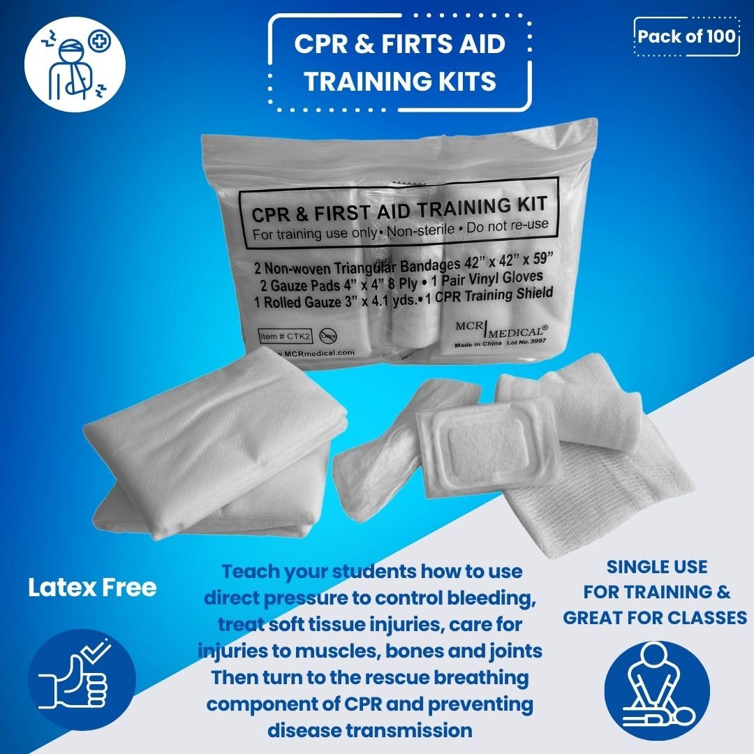 MCR Medical CPR & FA Training Kits w. 2 Non-Woven Triangular Bandages, 100 Pack