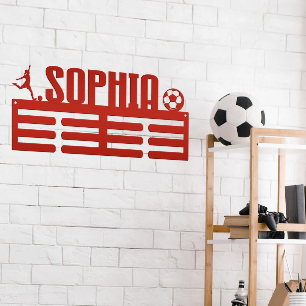 Medal Holder, Personalized Award Wall Rack, Metal Custom Name Hanging Display for Soccer Awards - Boys and Girls Sports Bedroom Sign (30 x 17 inches)