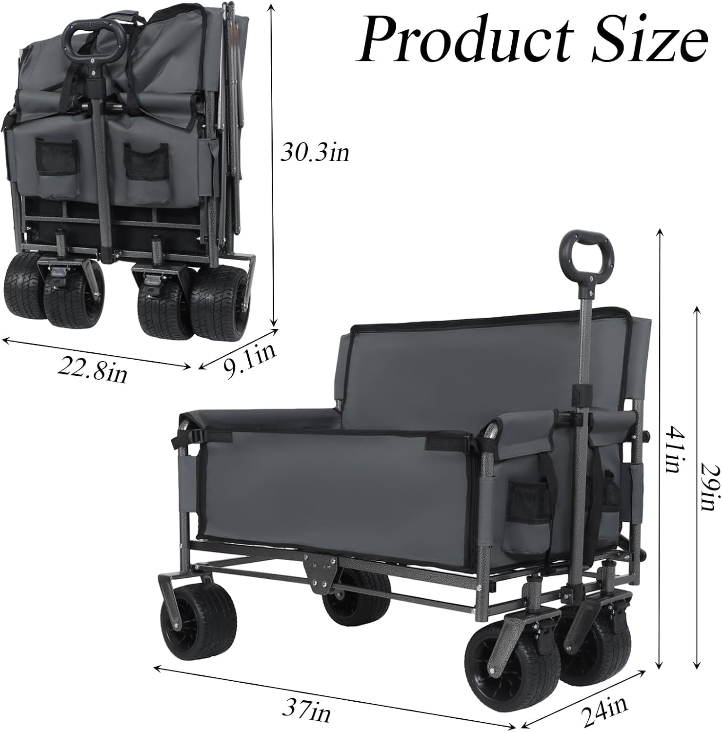 Convertible Folding Wagon Cart, 500lbs Heavy-Duty Utility Wagon with Bench Seat & Storage, 180L Capacity, All-Terrain Wheels for Camping, Beach, Sports, Garden