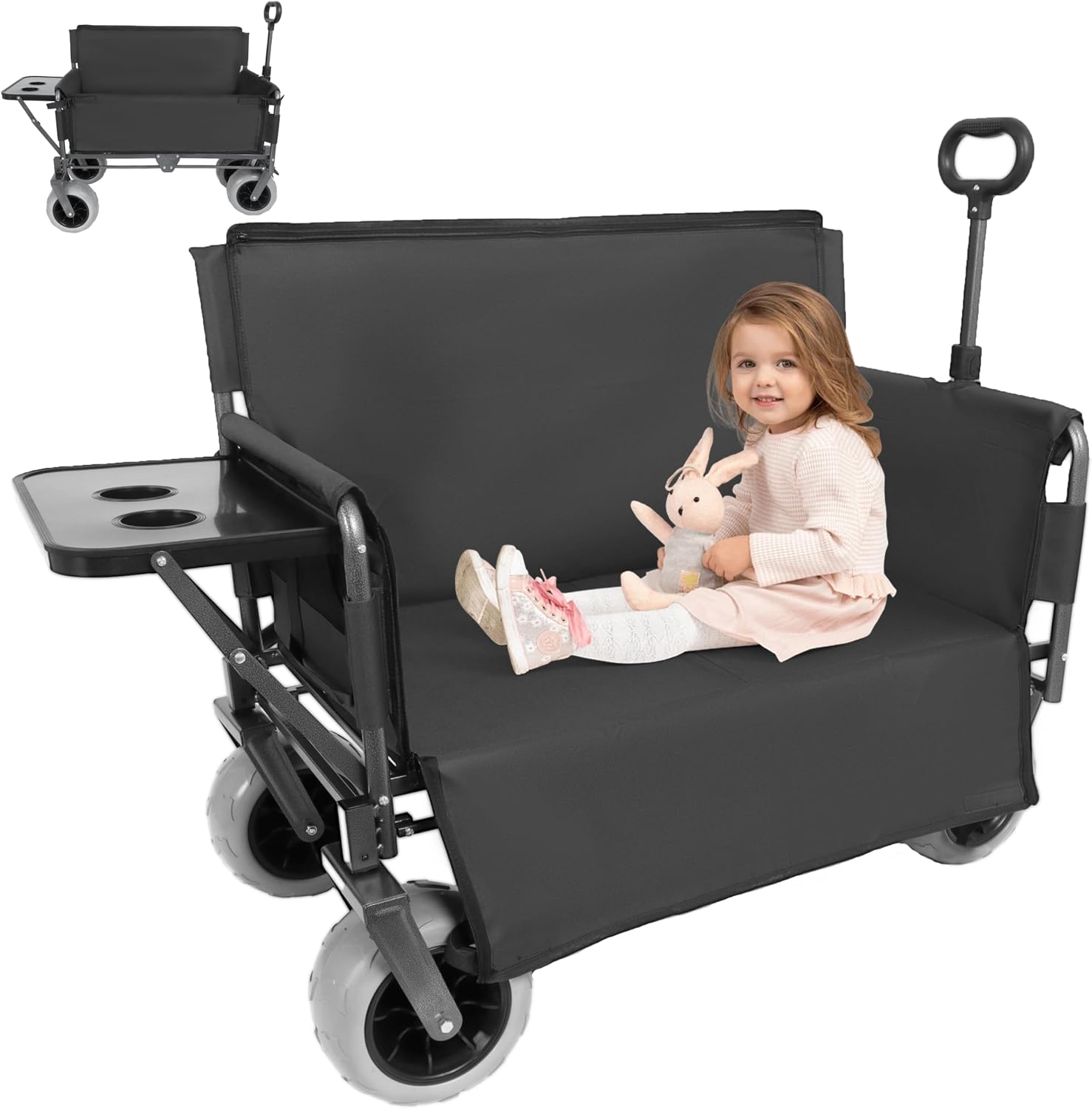 3-in-1 Heavy-Duty Folding Wagon with Bench Seat & Rear-Mounted Folding Tabletop – 500lbs Capacity, All-Terrain Beach Tires for Camping, Picnics, Outdoor Events (Black)