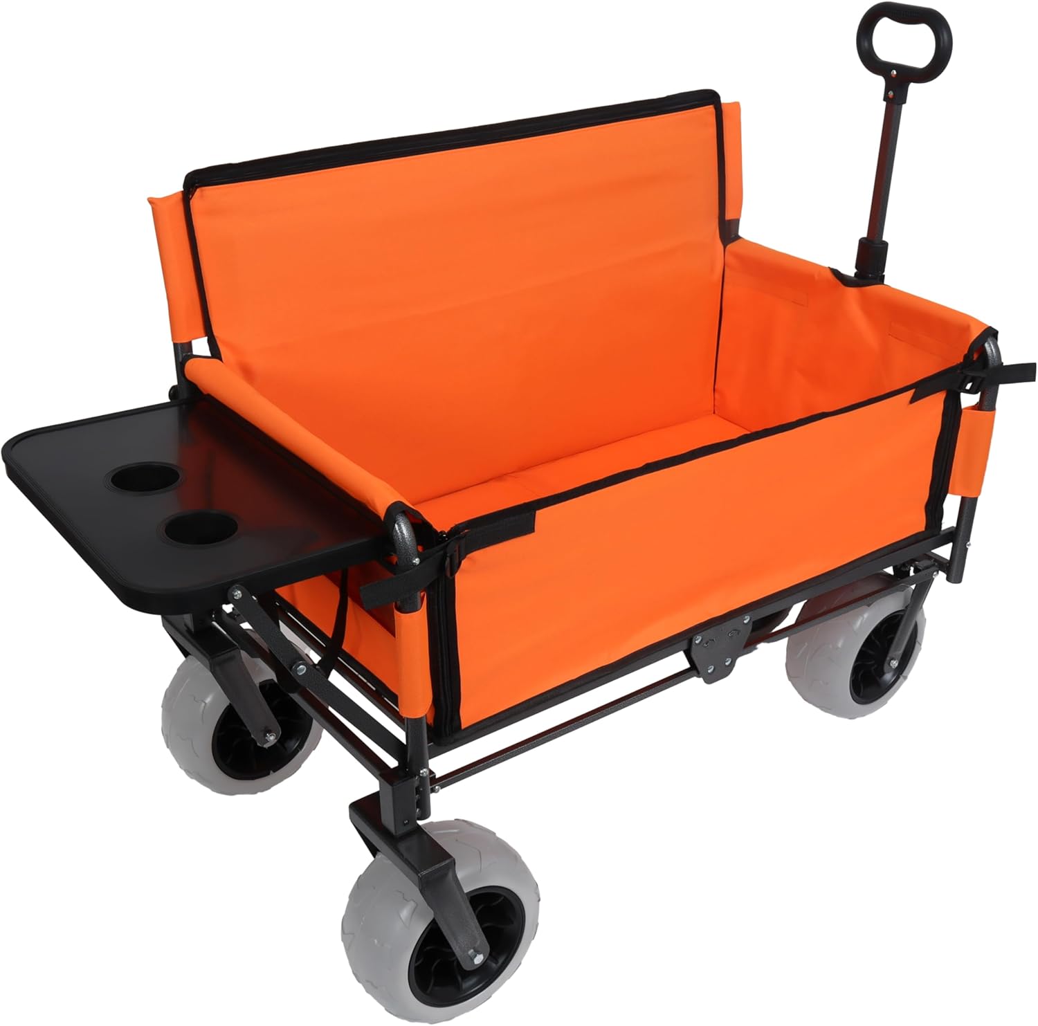 3-in-1 Convertible Folding Wagon Cart with Bench Seat & Rear-Mounted Folding Tabletop – Heavy-Duty Wagon 500lbs Capacity, 9'x4' Beach Tires for Camping,Beach,Sports & Garden Use (Orange)