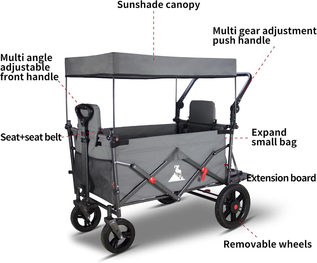Collapsible Foldable Wagon Cart with All Terrain Wheels &Canopy& 2 Seats- Heavy Duty Utility Wagon 265 lbs Capacity for Camping, Garden, Shopping (Grey)