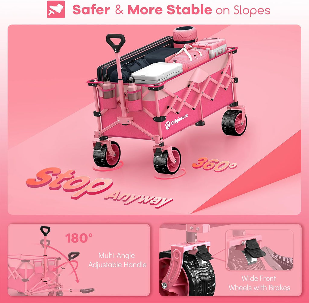 Originsure 220L Collapsible Wagon Cart Foldable, 460lbs Load Capacity Heavy Duty Folding Beach Wagons with Big All-Terrain Wheels, Utility Carts for Groceries, Camping, Sports - Pink
