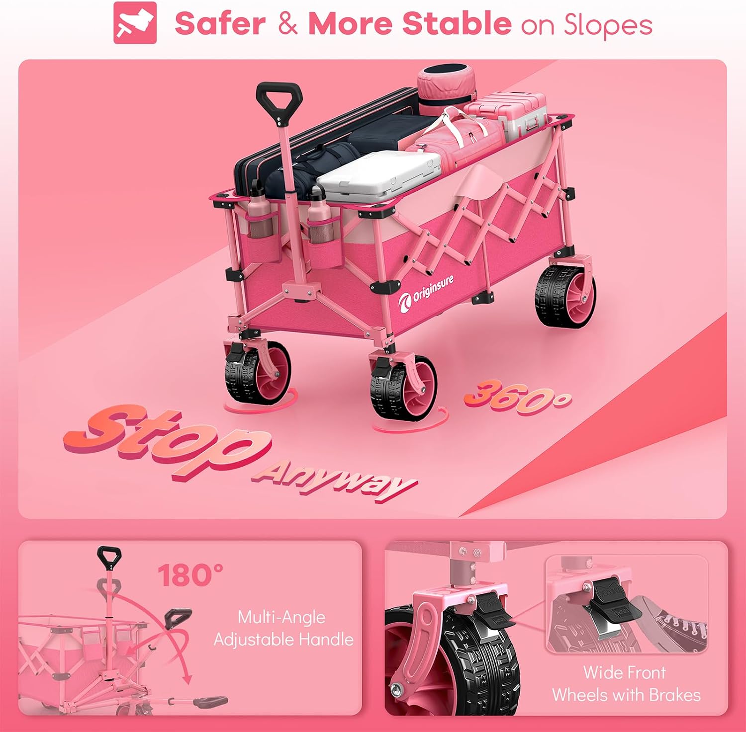 Originsure 220L Collapsible Wagon Cart Foldable, 460lbs Load Capacity Heavy Duty Folding Beach Wagons with Big All-Terrain Wheels, Utility Carts for Groceries, Camping, Sports - Pink