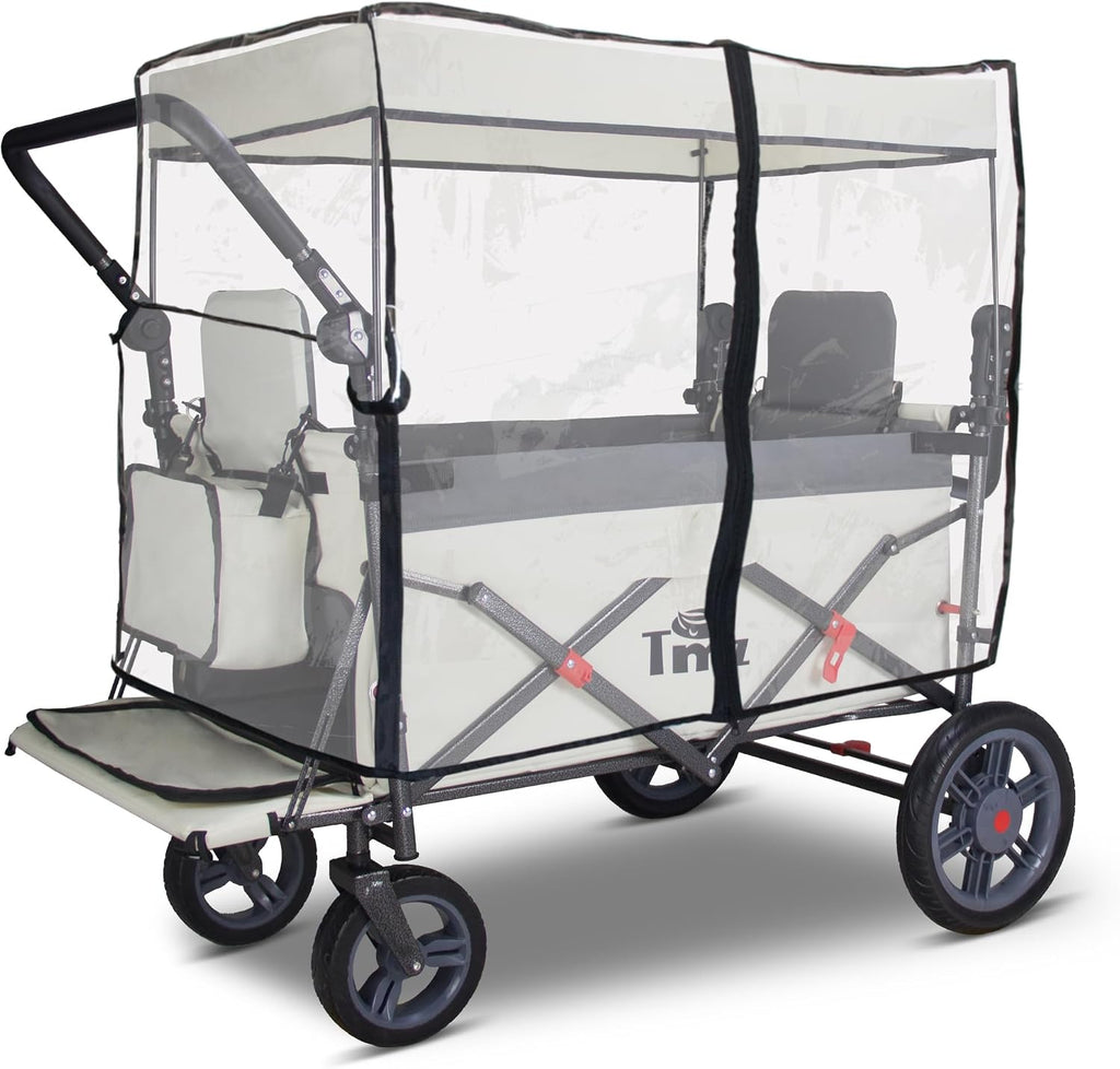 TMZ Foldable Wagon with Rain Cover & 2 Seats, Collapsible Folding Wagon with Adjustable Handle Bar, Multi Functional Cart with Canopy, Front Expandable Garden Cart (Transparent/Grey)