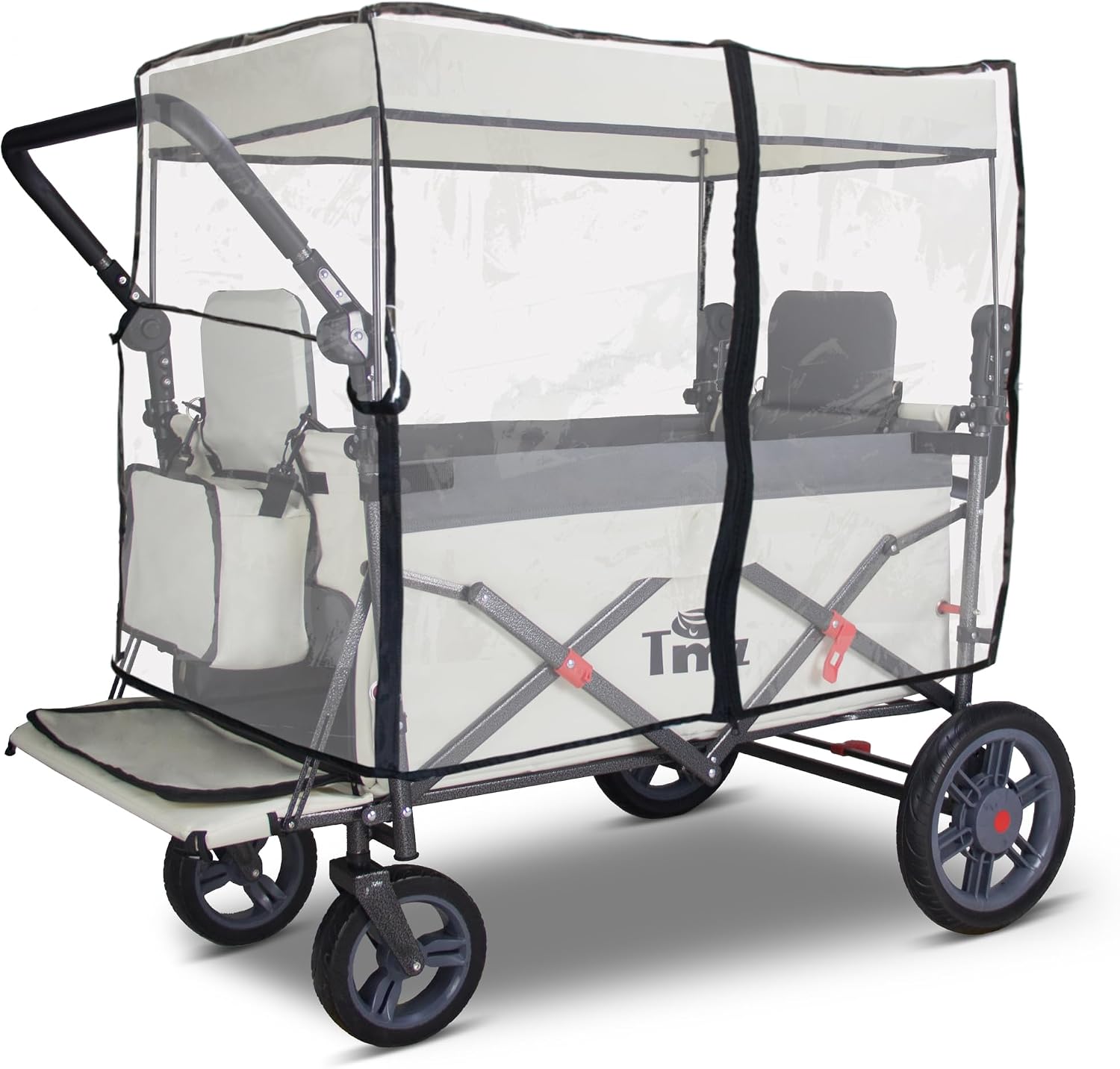 TMZ Foldable Wagon with Rain Cover & 2 Seats, Collapsible Folding Wagon with Adjustable Handle Bar, Multi Functional Cart with Canopy, Front Expandable Garden Cart (Transparent/Grey)