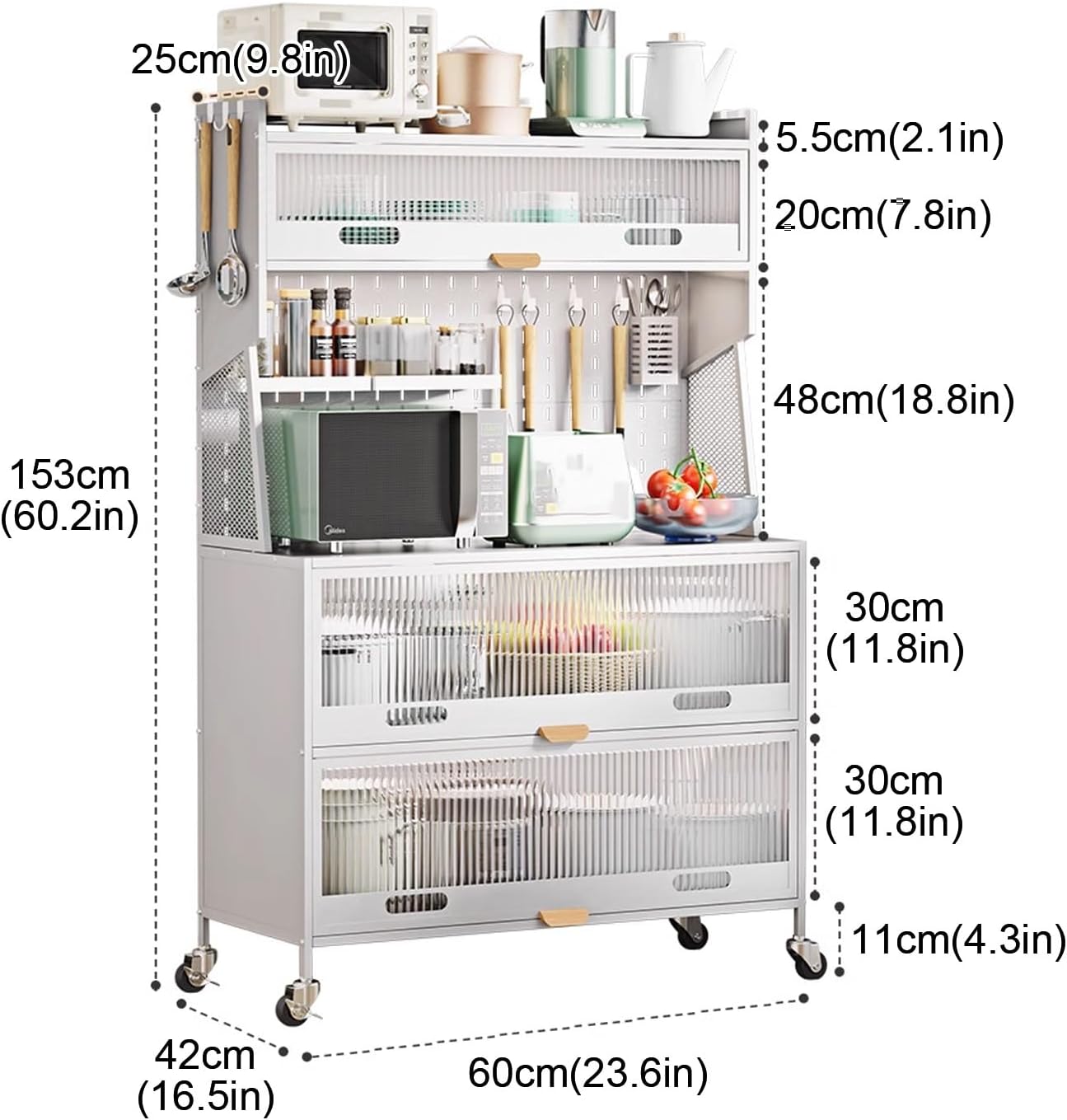 5-Tier Standing Kitchen Baker's Rack, 5 Tiers Storage Cabinet for Kitchen, with Drawers, for Kitchen Hutch, Home, Office, Pantry(Black,60cm)