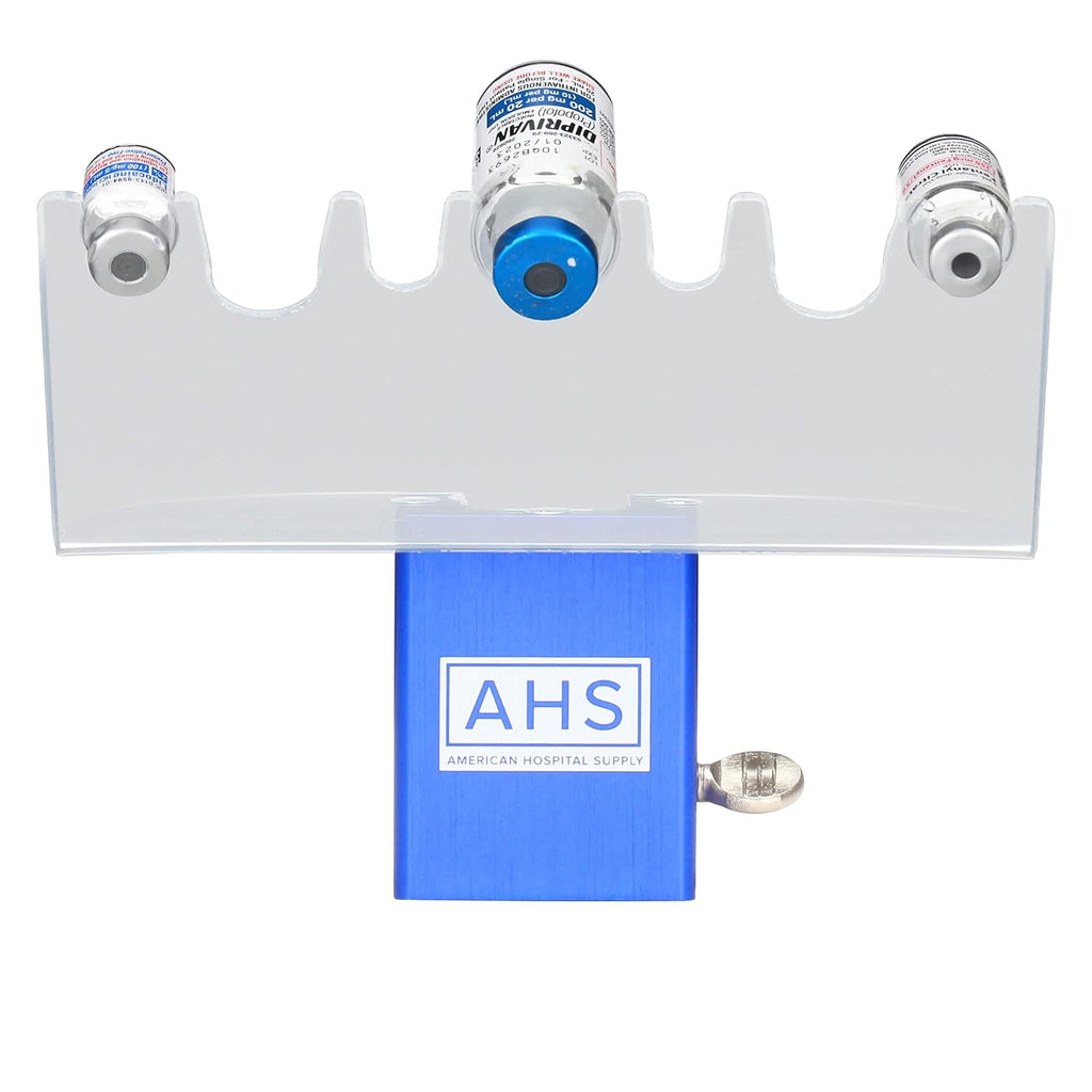 AHS American Hospital Supply Medicine Vial Holder Blue Base Transparent Hands Free Medication Vial Stand with 7 Slots Optional Safety Lid | Medical Supplies & Equipment