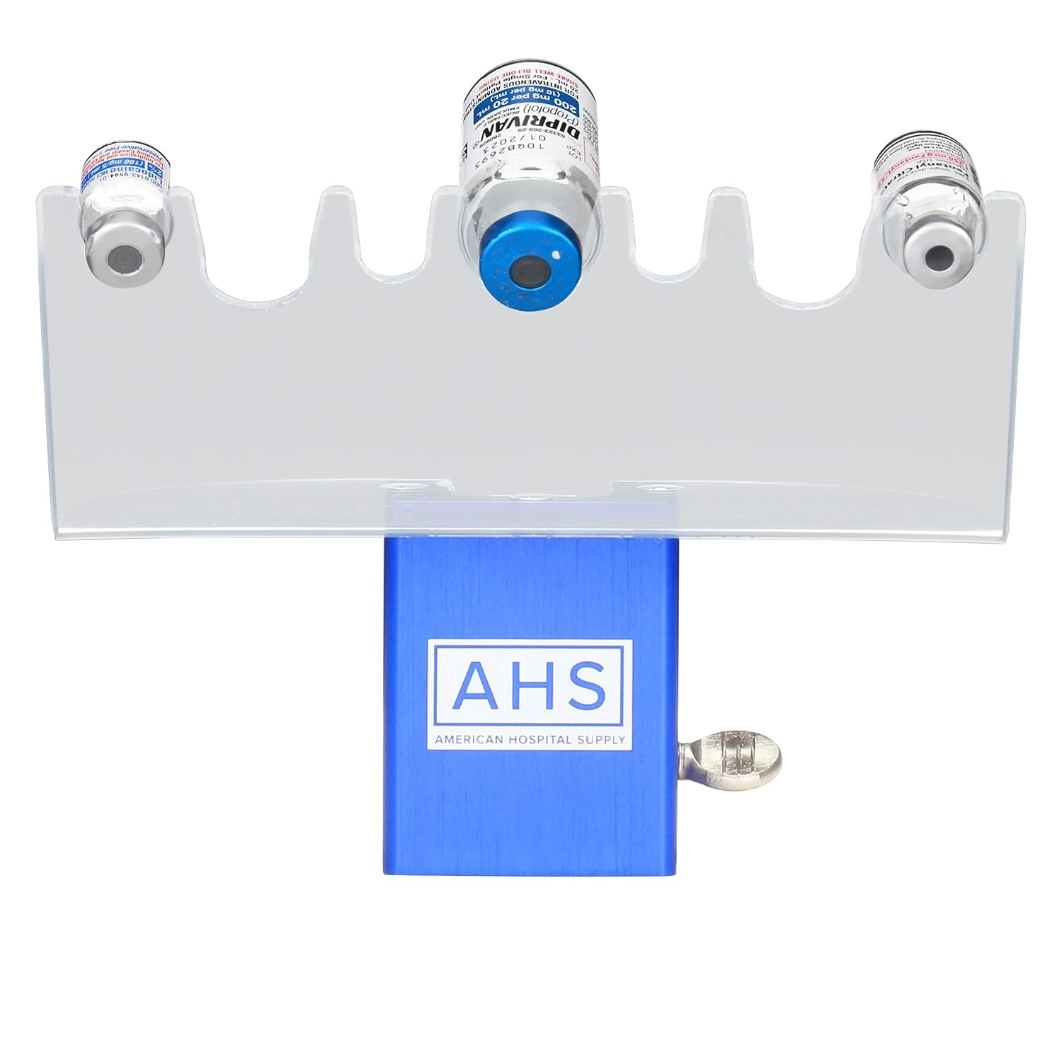 AHS American Hospital Supply Medicine Vial Holder Blue Base Transparent Hands Free Medication Vial Stand with 7 Slots Optional Safety Lid | Medical Supplies & Equipment