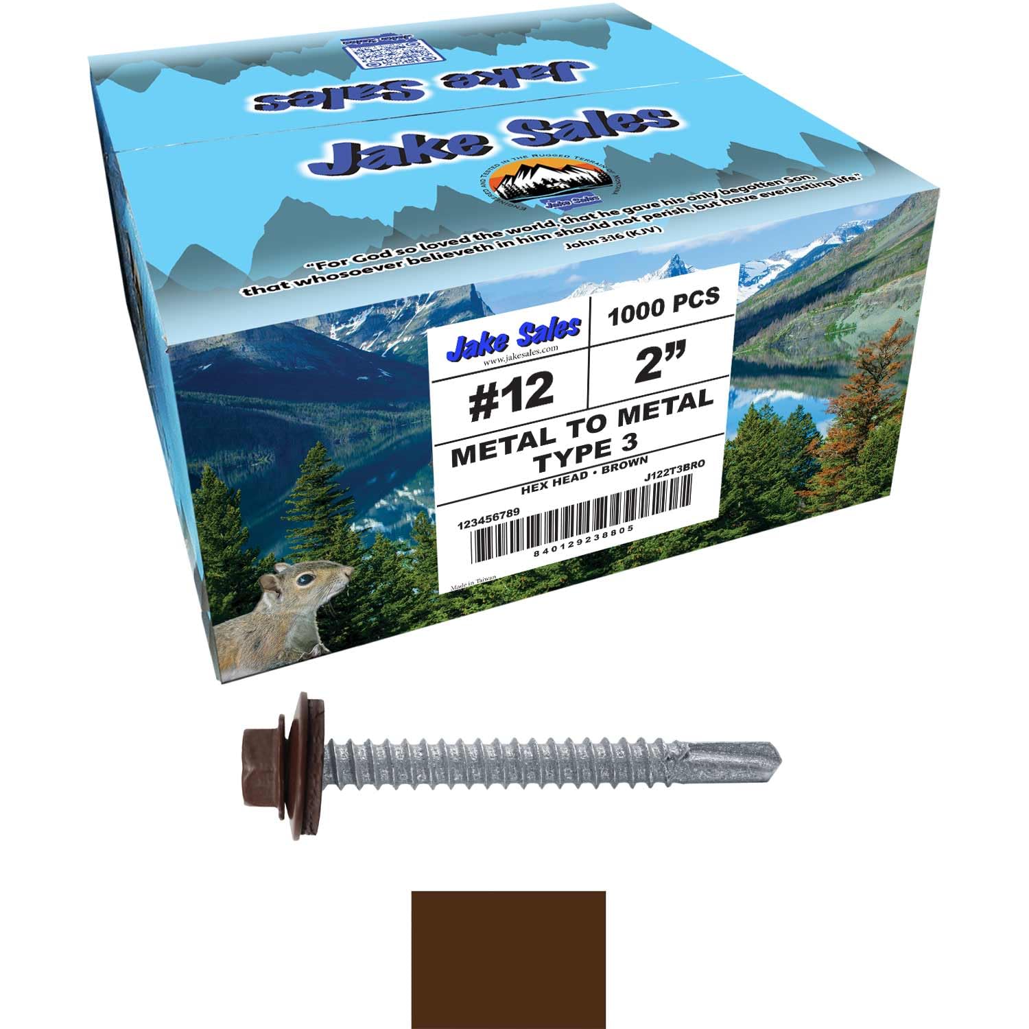 12 x 2 Brown Type 3 Metal Roofing Screws - Hex Head Drill Point - 9/16' EPDM Washer. 4 X 250 Bags - 1,000 Screws