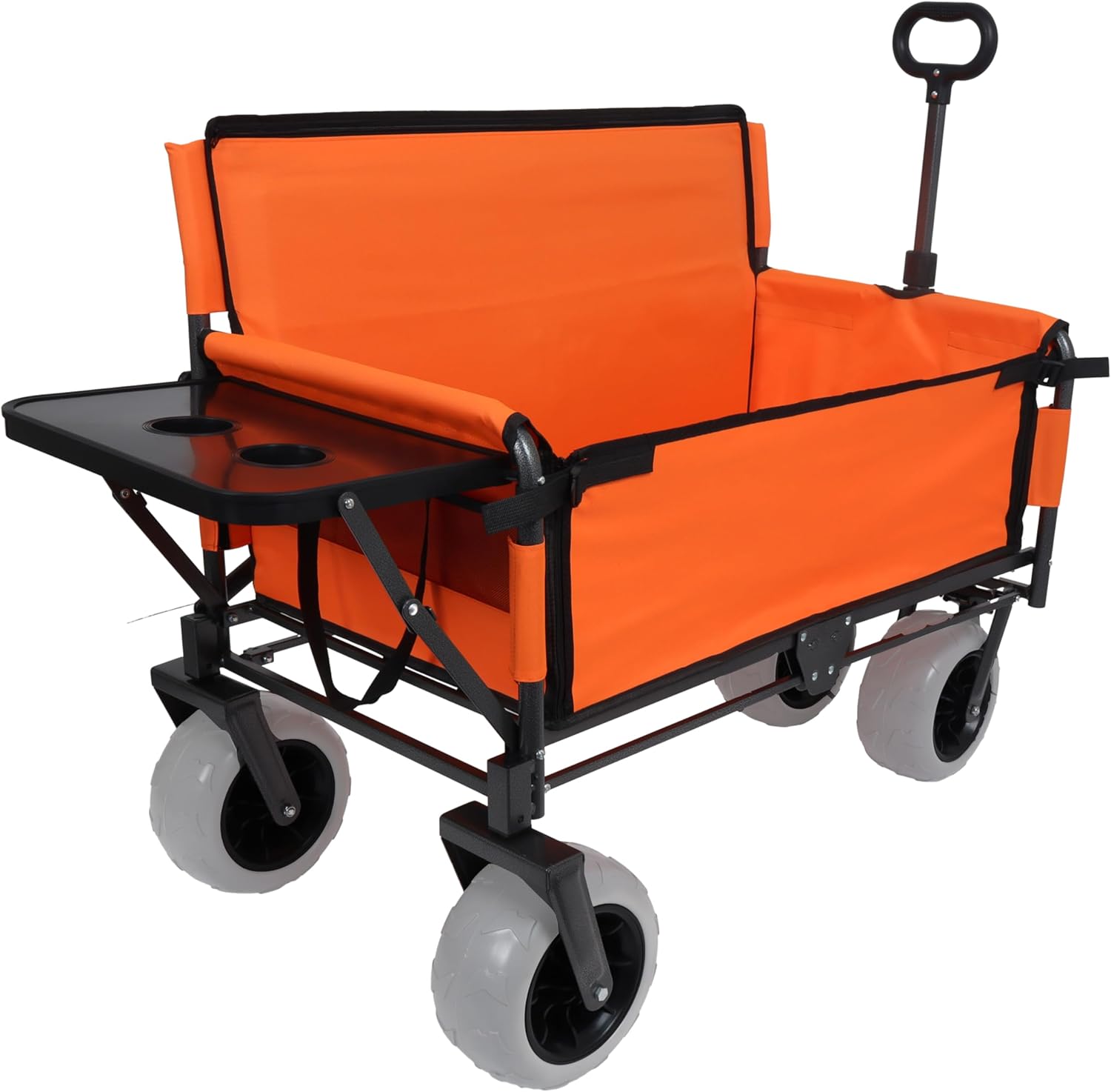 3-in-1 Heavy-Duty Folding Wagon with Bench Seat & Rear Folding Tabletop – 500lbs Capacity, All-Terrain 9' Beach Tires for Camping, Picnics, and Outdoor Events (Orange)