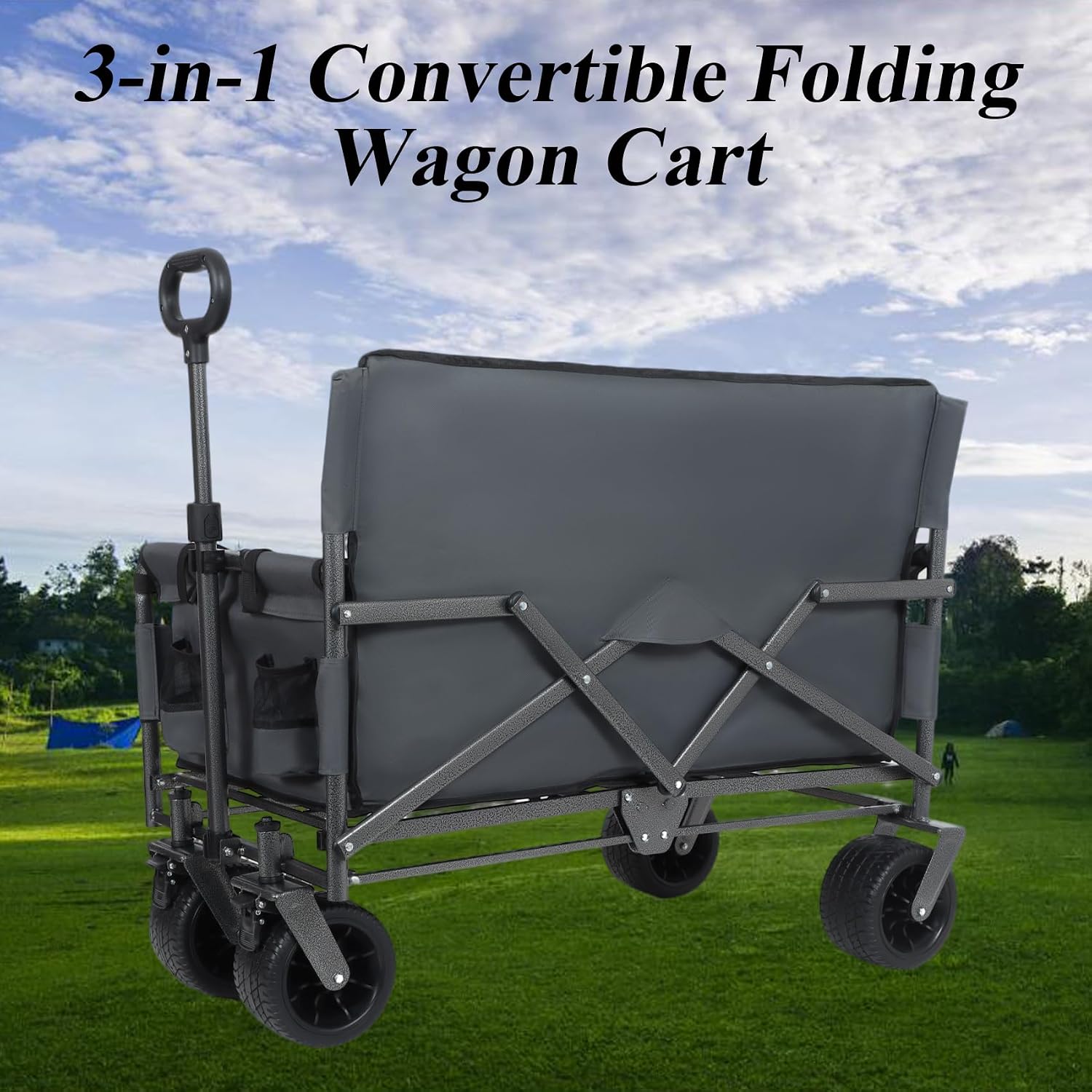 3-in-1 Convertible Folding Wagon Cart with Bench Seat & Storage, Wagon Bench, 550lbs/220L Heavy-Duty Utility Wagon, 180L Capacity All-Terrain Wheels (Grey)
