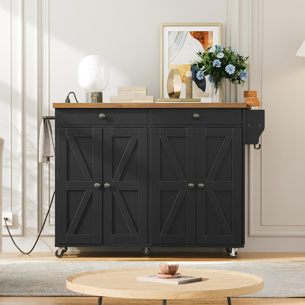 HOOBRO Kitchen Island with Power Outlet, Rolling Kitchen Island with Storage, Kitchen Island Cart with Spice Rack and Hooks, Island Table for Living Room, Rustic Brown and Black BF11UZD01