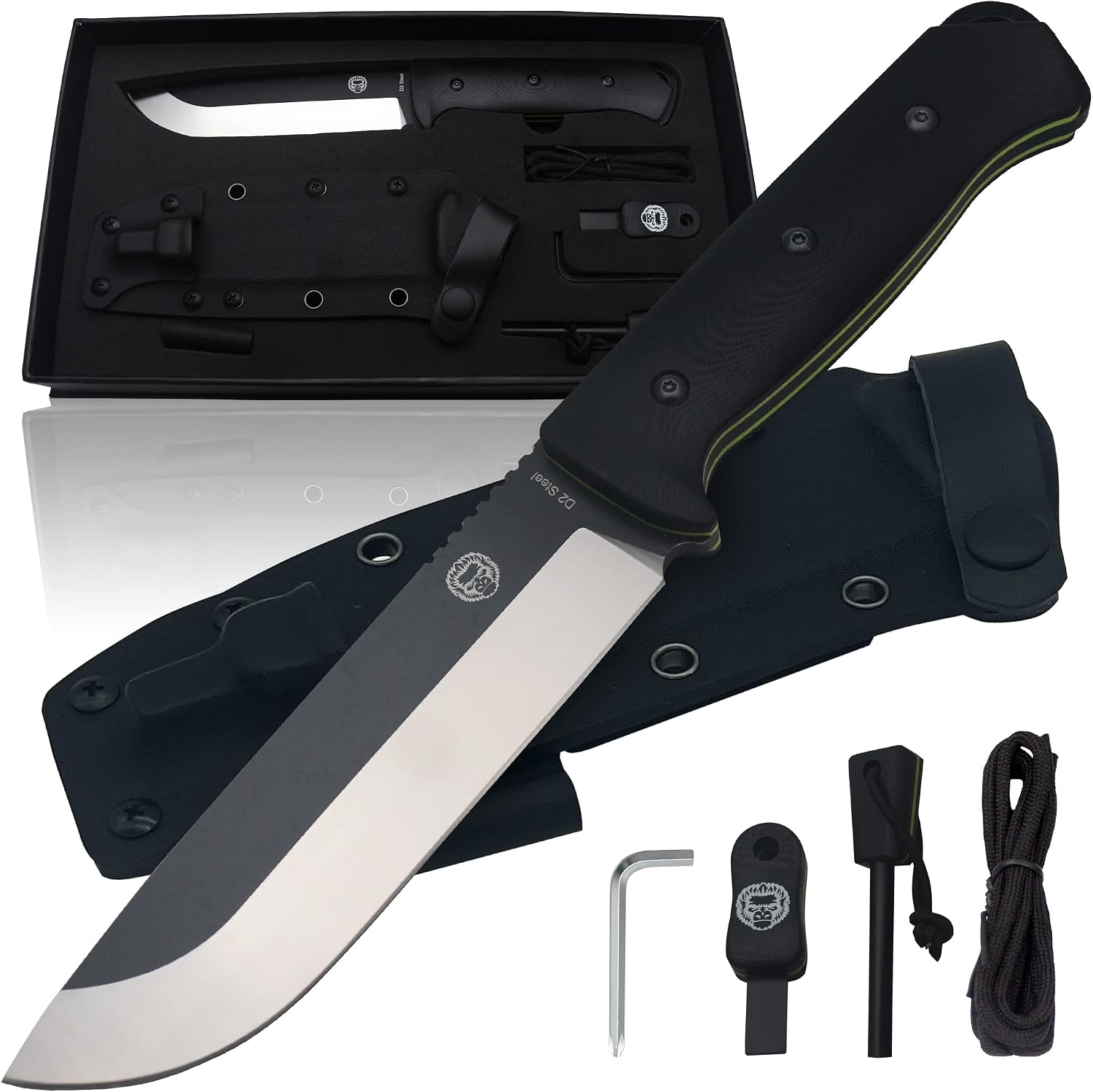 Holtzman's Gorilla Survival Bushwhacker Fixed Blade Knife with Fire Starter, G10 Scraper, and Paracord (Black+Green) - Ideal for Camping and Survival