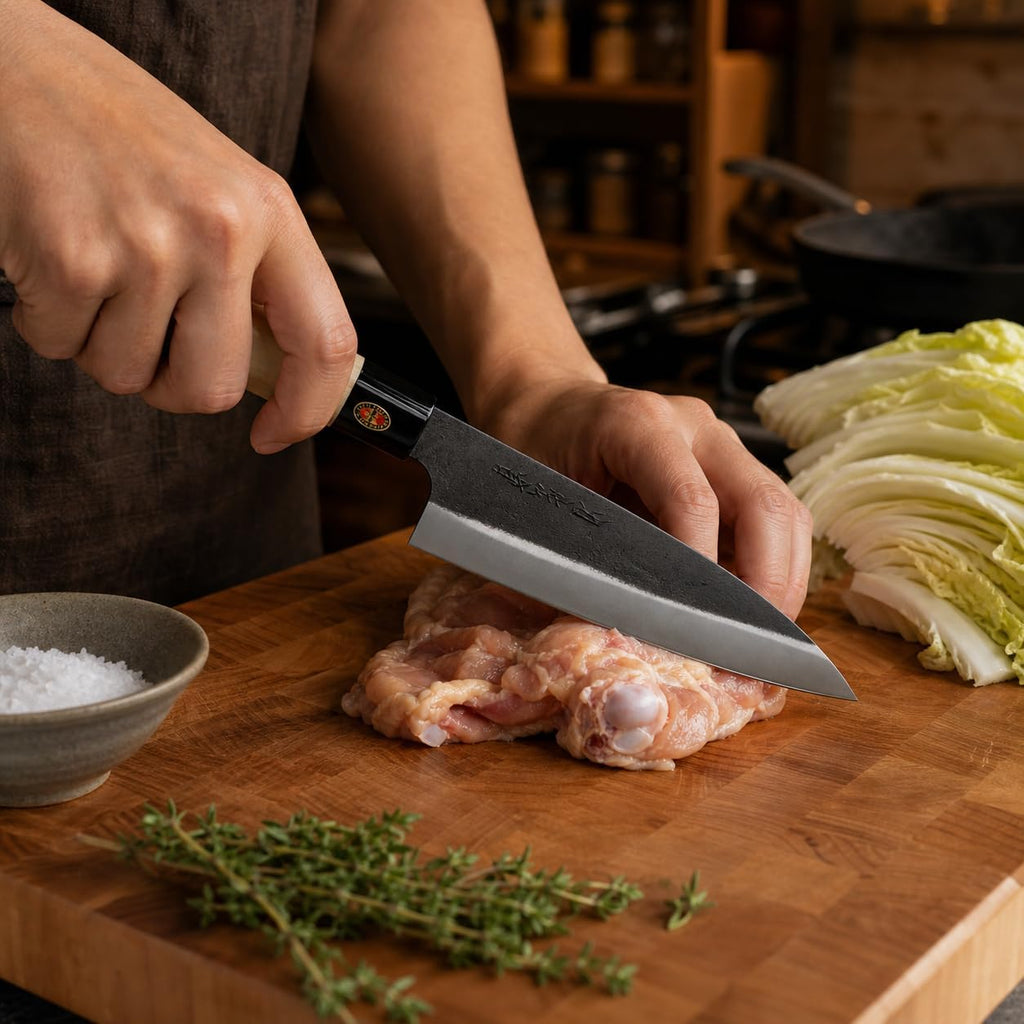 YOSHIDAHAMONO Funkai Santoku Knife 6.3 Inch, Aogami #2 Carbon Steel HRC 62-64, Gift for Serious Home Cooks, Magnolia Wa Handle, 15-Degree Edge, Made in Japan, 3-Year Warranty