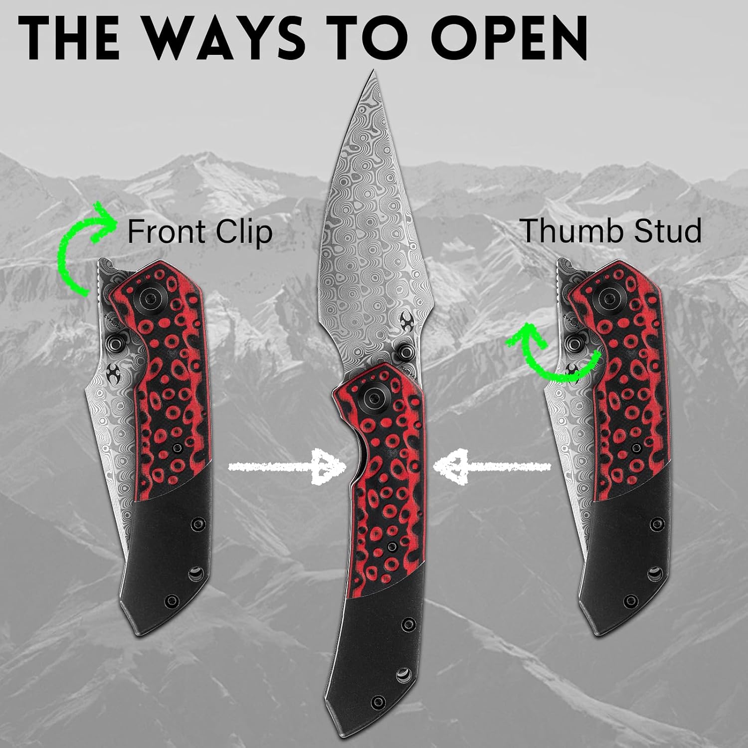 KANSEPT Fenrir Pocket Knife, 3.48' Damascus Harpoon Blade, Titanium Handle Black-Red Meteorite Crater G10 Inlay, Thumb Stud & Liner Lock with Deep Clip EDC Knives for Camping Hunting Survival K1034A2