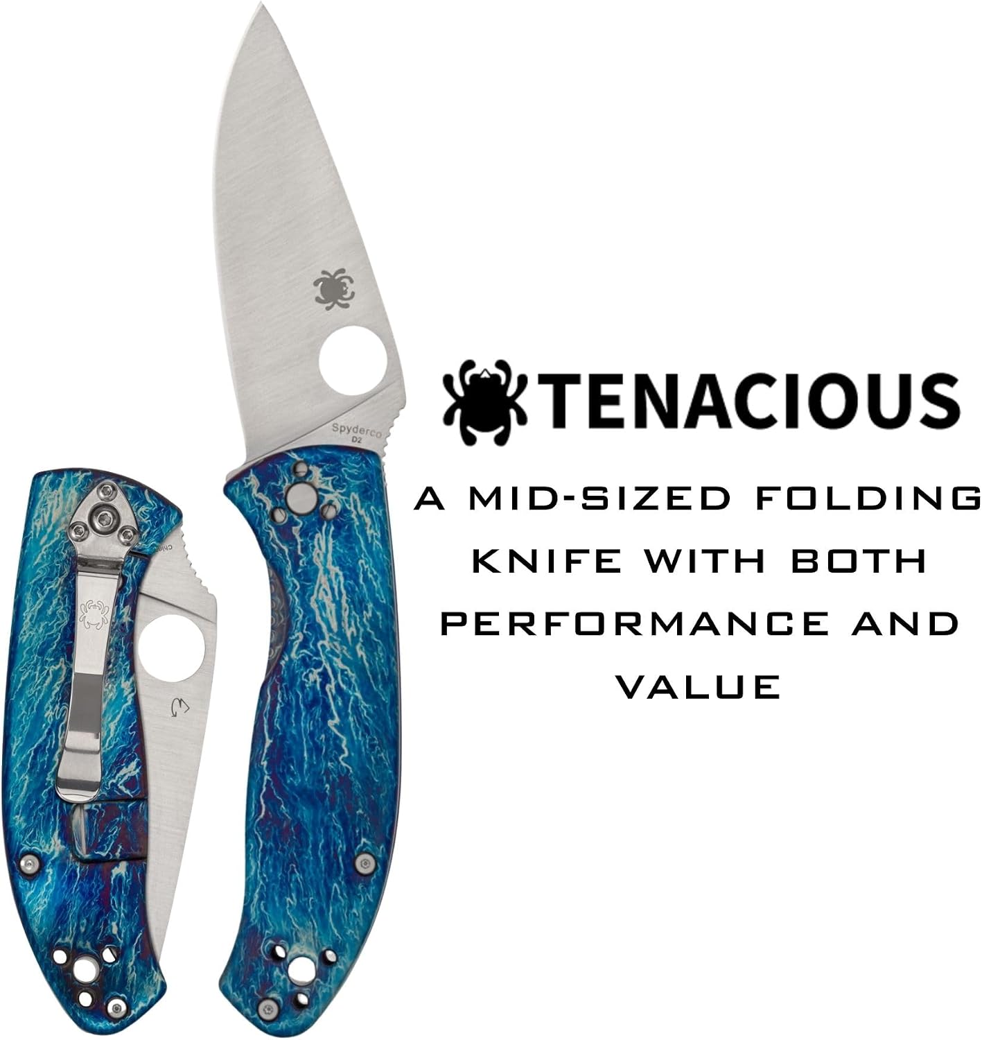 Spyderco Tenacious Disarray Folding Pocket Knife with 3.3' D2 Steel Blade and Titanium Handle - EDC Knife for Men and Women, Perfect for Hunting, Tactical, Camping, Survival - PlainEdge - C122TIBLD2P