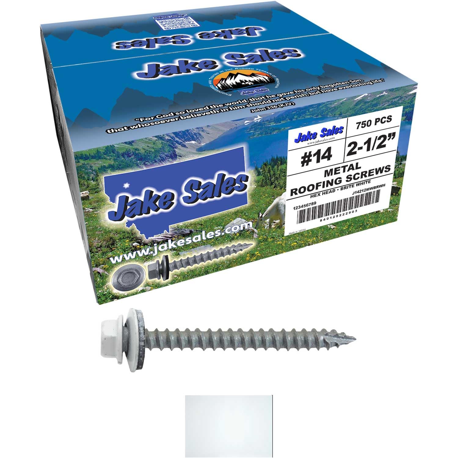 14 x 2-1/2' Brite White Metal Roofing Screws - Hex Washer Head- Self-Starting/Tapping - EPDM Washer. 3 X 250 Bags - 750 Screws