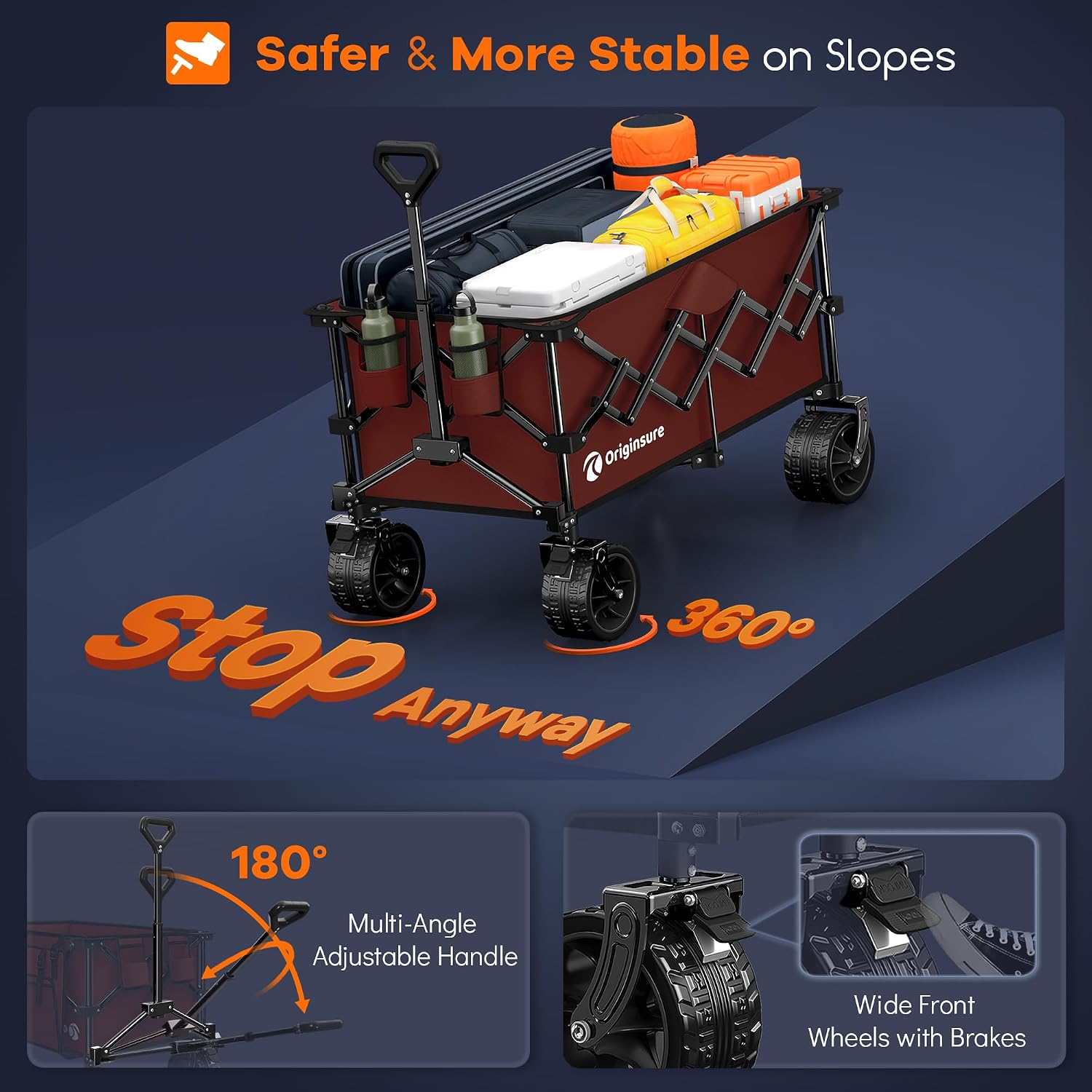 Originsure 220L Collapsible Wagon Cart Foldable, 460lbs Load Capacity Heavy Duty Folding Beach Wagons with Big All-Terrain Wheels, Utility Carts for Groceries, Shopping, Camping, Sports - Red