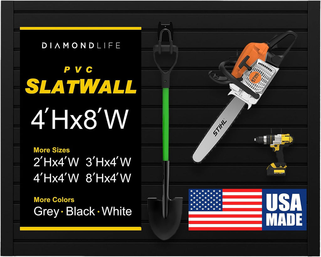 Heavy Duty 4x8 PVC Garage SlatWall Storage System (with Endcaps & Screws) - Modular Slat Wall Paneling for Garage Wall Organizer - Interlocking SlatWall Panels for Home & Commercial Use (Black)