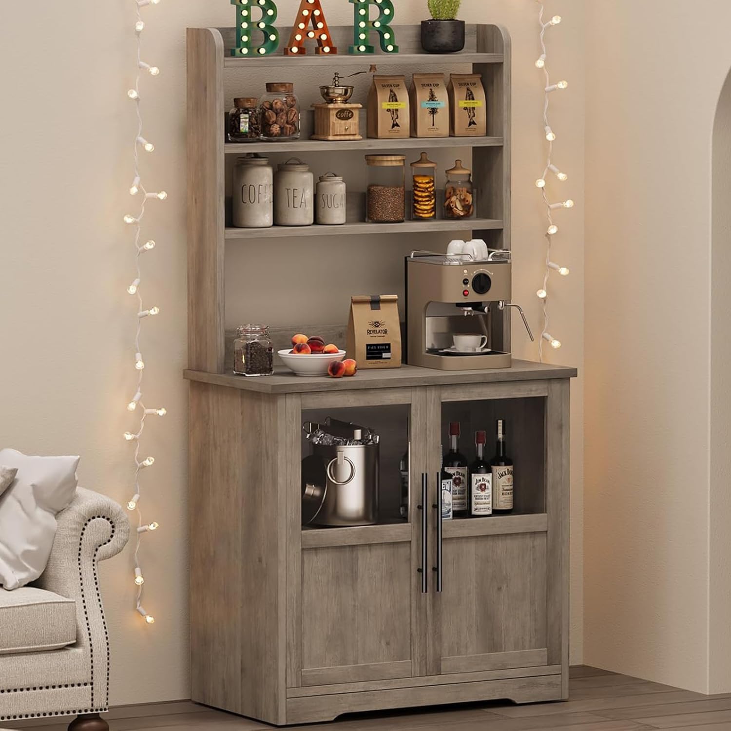 IDEALHOUSE Bakers Rack With Storage Cabinet, Microwave Stand With Power Outlets, Farmhouse Bakers Rack With Thick Table Top, Small Kitchen Pantry for Kitchen,Dining Room,Retro Gray