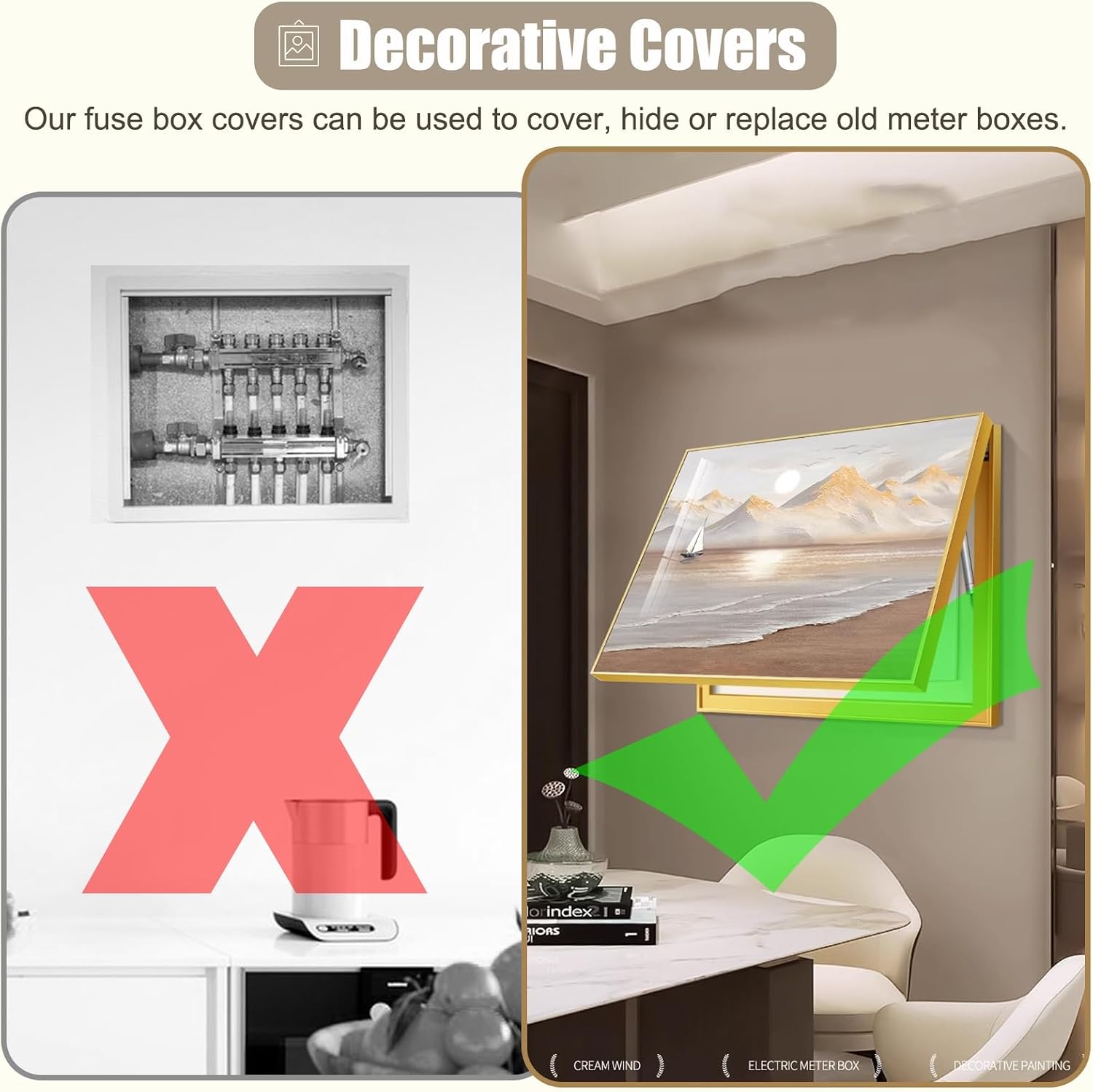 Gold Circuit Breaker Panel Cover Replacement, Custom Hide Distribution Box for Living Room, Metal Fuse Box Protection Cover with Aluminum Alloy Frame(60x50cm(23 5/8x19 3/4'))