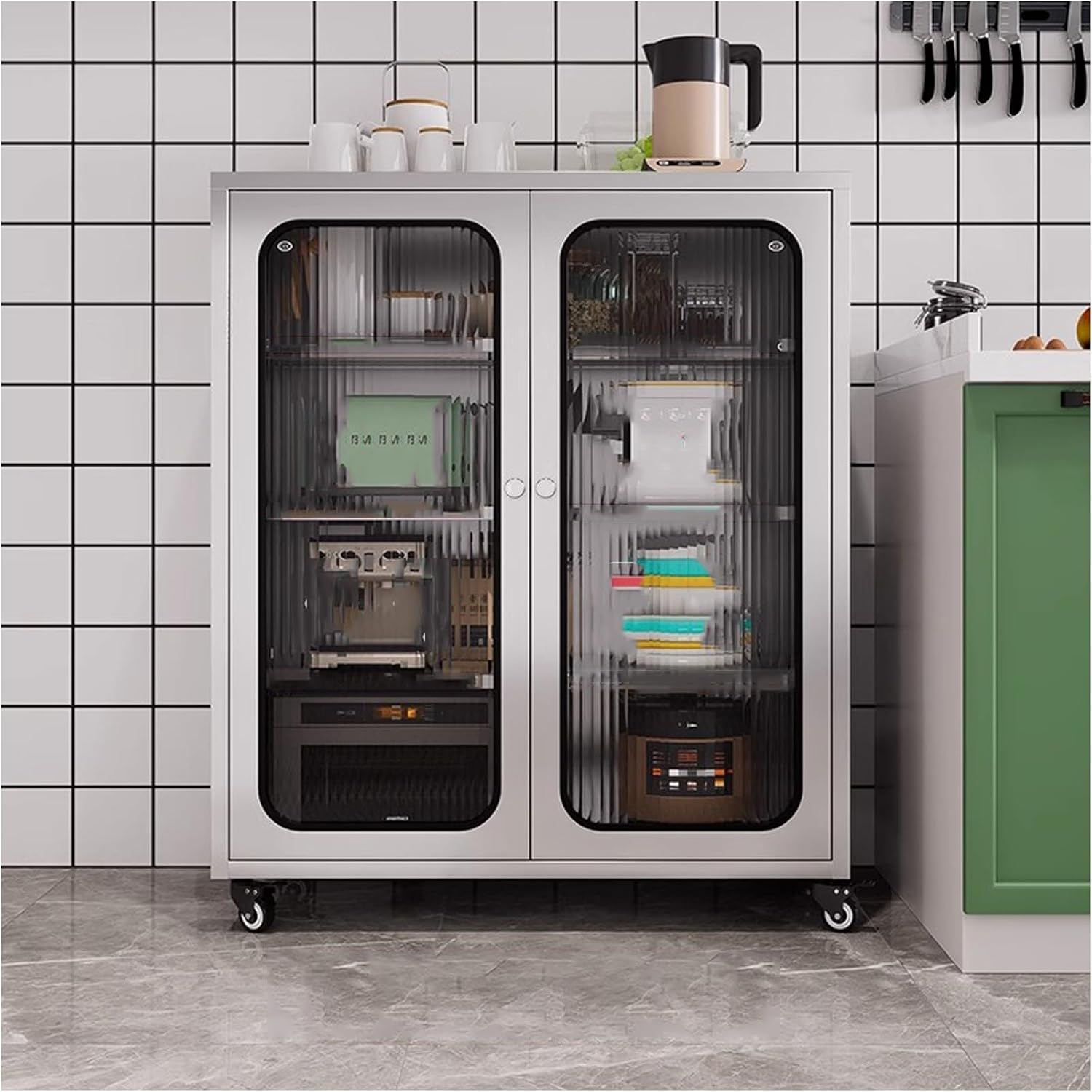 Kitchen Bakers Rack with Glass Door Storage Cabinets and Movable Sideboards Space Saving Microwave Stand for Kitchen Storage