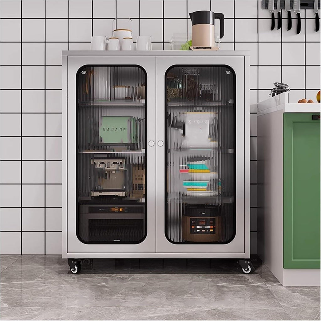 Modern Kitchen Bakers Rack with Glass Doors and Movable Sideboards for Microwave Stand and Storage Options