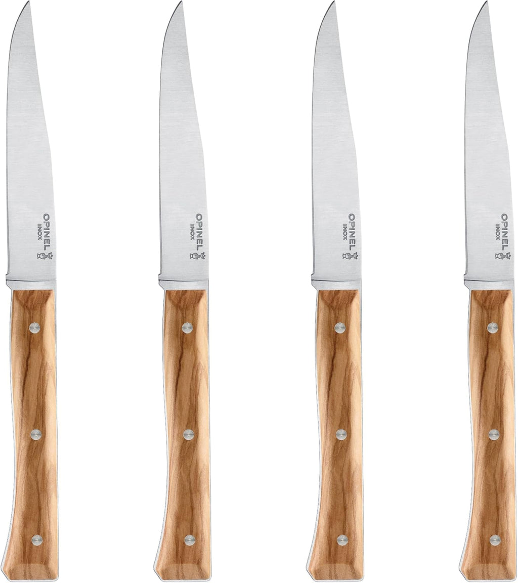 OPINEL Facette Steak Knife Set – Full Tang Table Knife Setting for 4, Comfortable Riveted Handle in Premium Woods and Vitter Eco, Made in France (Olive Wood)