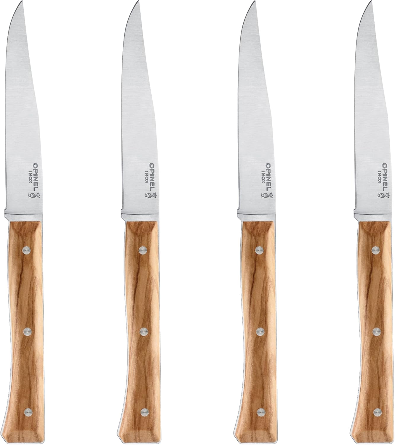 OPINEL Facette Steak Knife Set – Full Tang Table Knife Setting for 4, Comfortable Riveted Handle in Premium Woods and Vitter Eco, Made in France (Olive Wood)