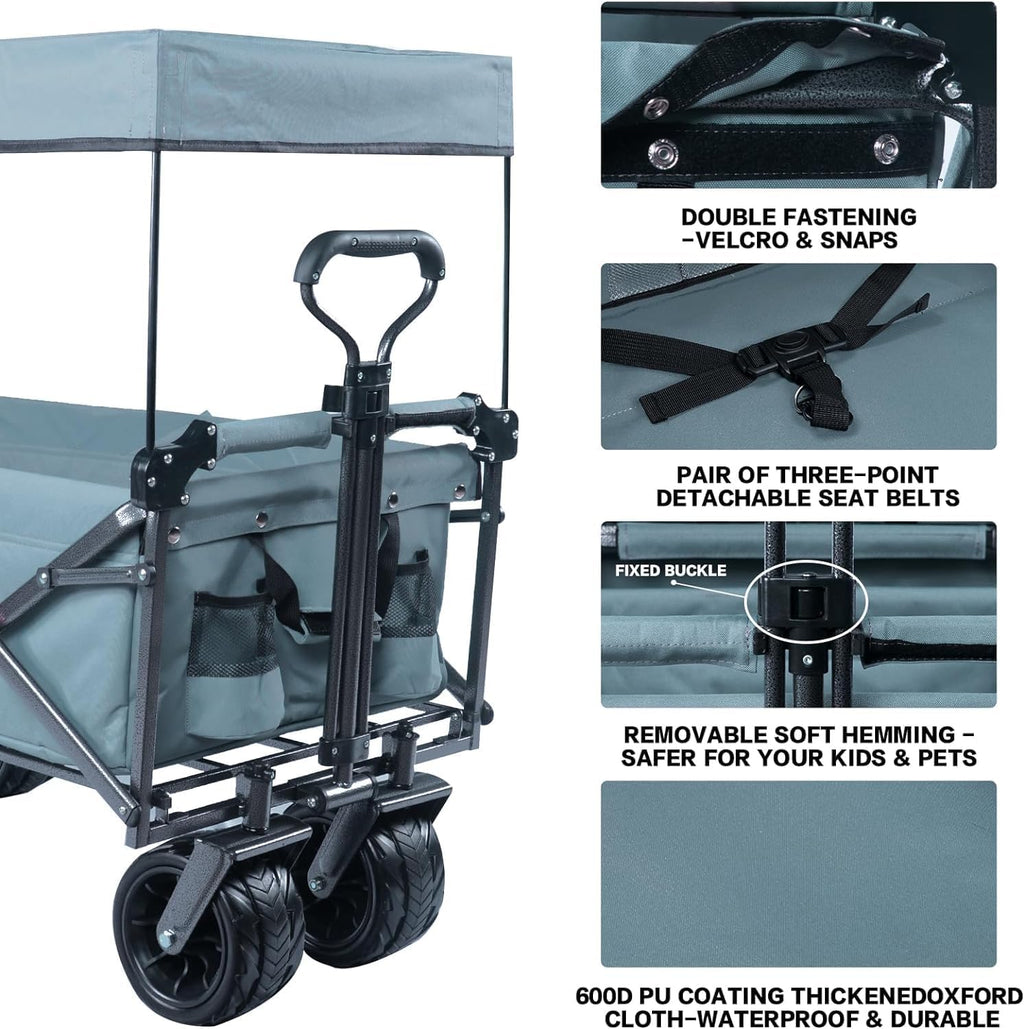 All Terrain Collapsible Wagon Cart with Big Wheels, 350 Pound Capacity Heavy Duty Enlarged Utility Folding Beach Garden Wagon Cart with Brake & Adjustable Handle for Outdoor Camping Shopping