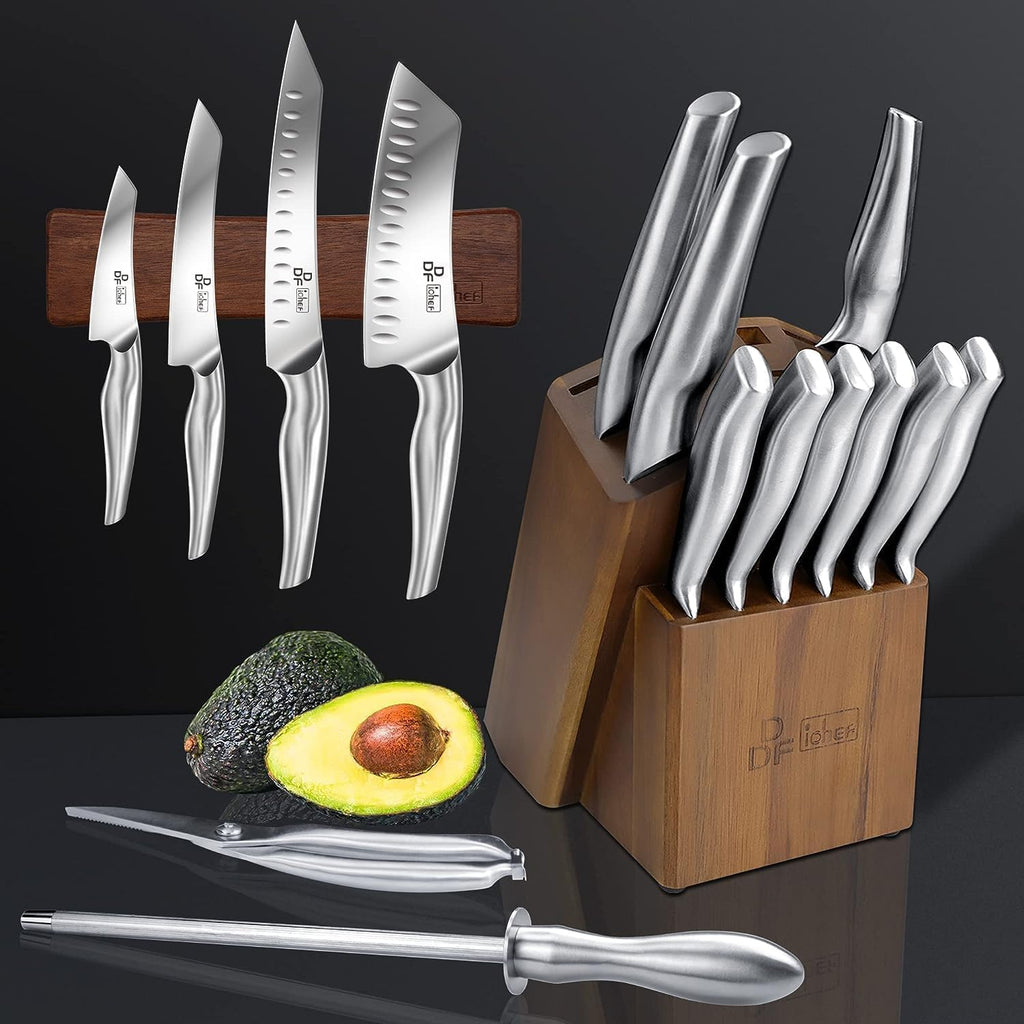 DDF iohEF Kitchen Knife Set with Block, 16 PCS Knife Sets for Kitchen with Block Japanese Stainless Steel, Ultra Sharp Chef Knife Set with Sharpener