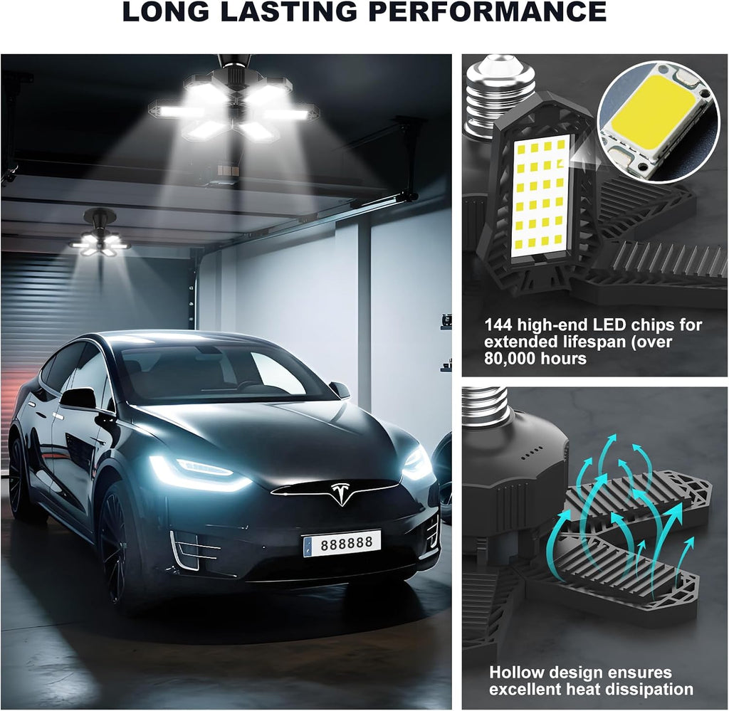 Led Garage Lights Bulb 10 Pack 120W Super Bright Ceiling Led Shop Lights 6 Deformable Panels Screw in E26/E27 6500K 12000 LM Deformable Garage Light Ideal for Basement Attic and Workshop