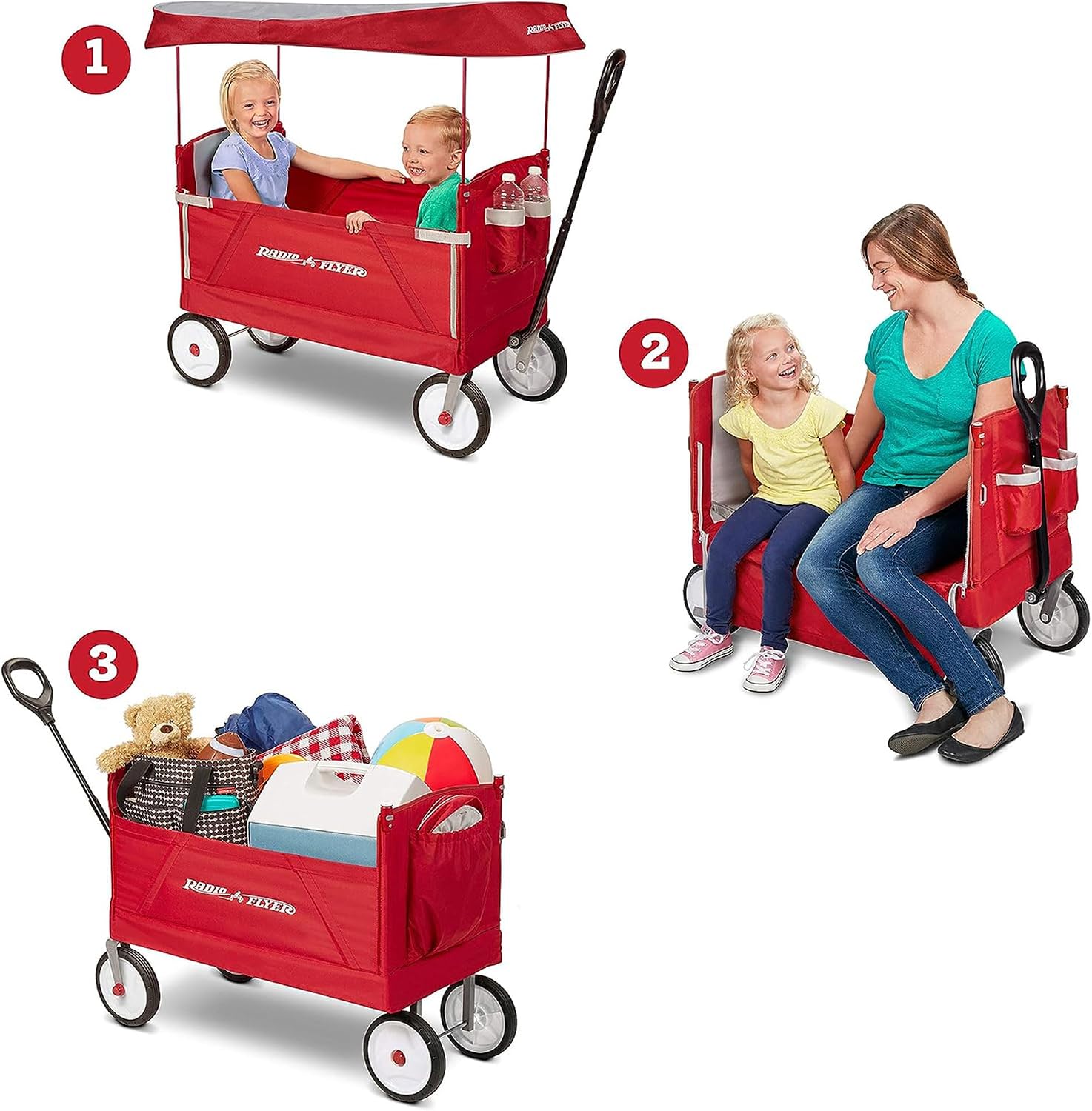 Radio Flyer 3-in-1 EZ Fold Wagon with Canopy, for Kids 1.5+, UV Shade, One-Hand Flat Fold, Seats 2 or Converts to Bench, DuraClean Fabric, Rubber Tires, 150 lb Capacity, Wagon for Kids or Cargo