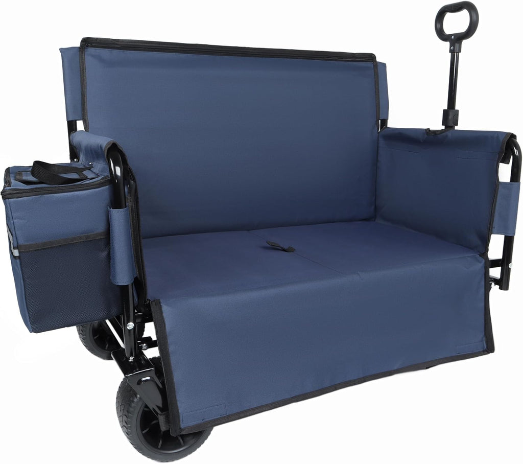 Dark Blue Collapsible Wagon with Bench Seat, Handle & All-Terrain Wheels, Steel Frame, Folding Camping Cart for Beach, Sports, Lawn, 37x24.02x40.94 in
