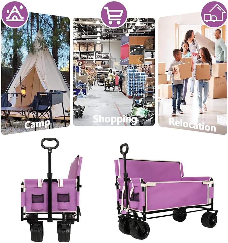 3-in-1 Convertible Folding Wagon Cart with Seat & Storage, 500lbs Heavy-Duty Utility Wagon, 180L Capacity, All-Terrain 360° Swivel Wheels for Camping, Beach, Sports, Garden (Purple)