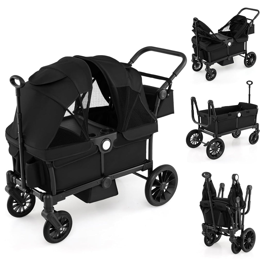 HONEY JOY Wagon Stroller for 2 Kids, 2 Seater Toddler Quad Stroller Wagon, Adjustable Push/Pull Handle Bar, Drop-Down Footwell & Upholstered Seats, Collapsible Kids Wagon with Canopy(Black)