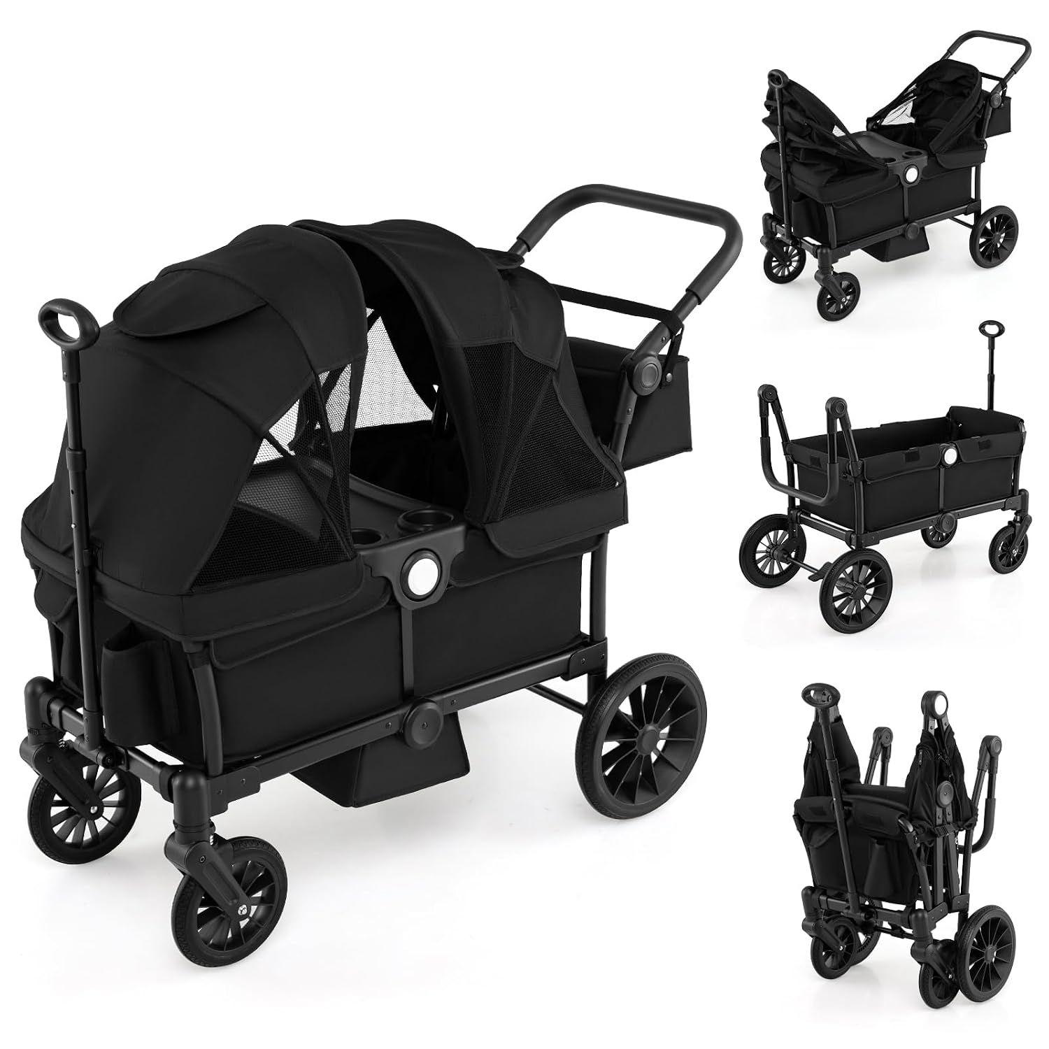 HONEY JOY Wagon Stroller for 2 Kids, 2 Seater Toddler Quad Stroller Wagon, Adjustable Push/Pull Handle Bar, Drop-Down Footwell & Upholstered Seats, Collapsible Kids Wagon with Canopy(Black)