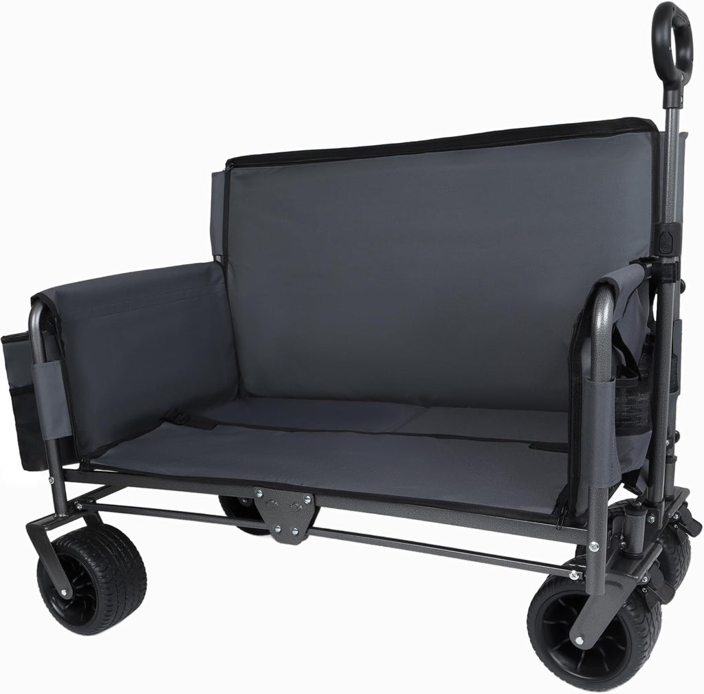 Gray Collapsible Wagon with Bench Seat, Handle & All-Terrain Wheels, Steel Frame, Folding Camping Cart for Beach, Sports, Lawn, 37x24.02x40.94 in