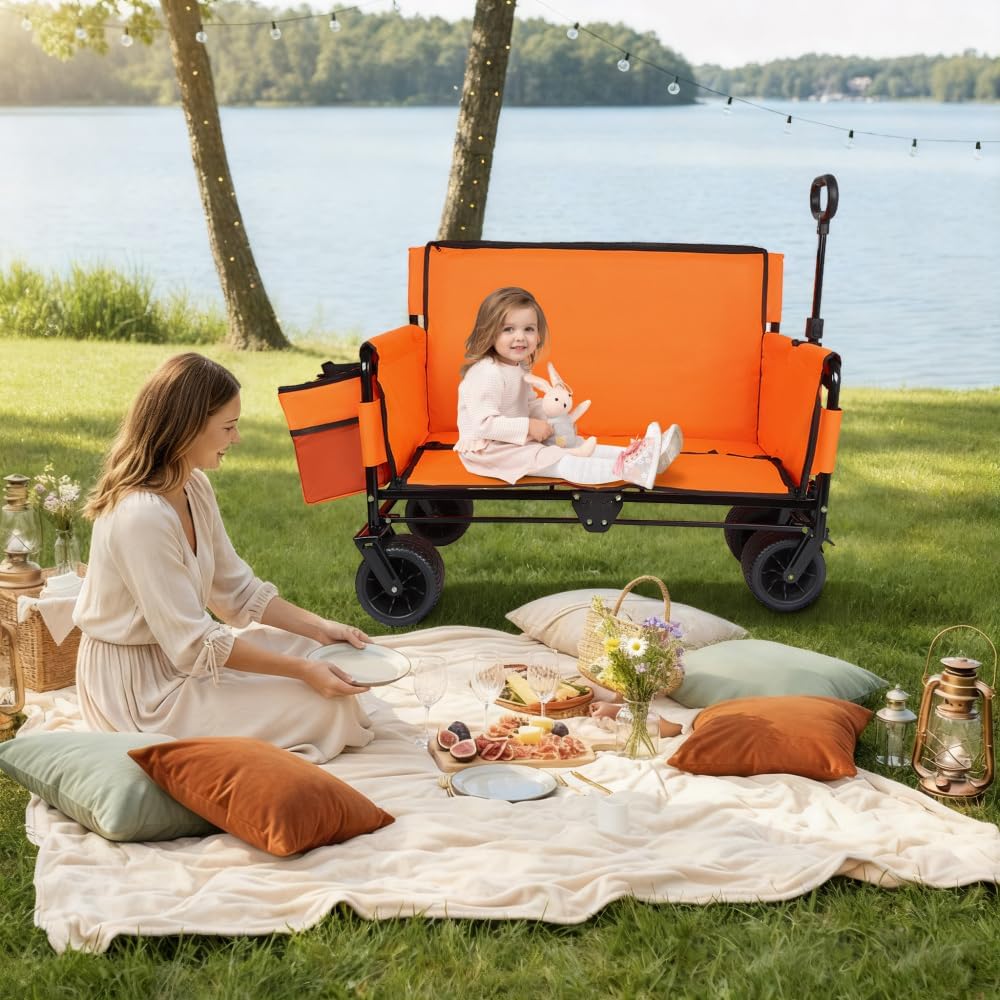 3-in-1 Folding Wagon Cart with Bench Seat and Storage, Heavy-Duty All-Terrain Utility Cart with Removable Cooler Pouch, 500lbs Capacity for Camping, Beach, Sports, and Garden (Orange + Steel)