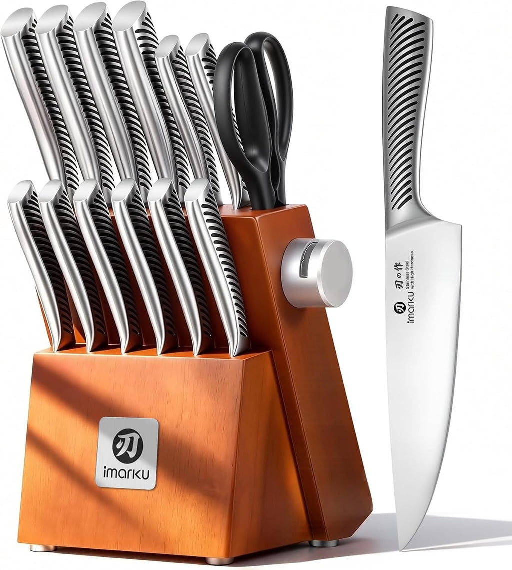 imarku 14-Piece Knife Set, Japanese Stainless Steel Knives Set for Kitchen, Full-Tang Gyutou Knife Sets with Block and Build-in Sharpener, Brown, Dishwasher Safe, House Warming Gifts for Men