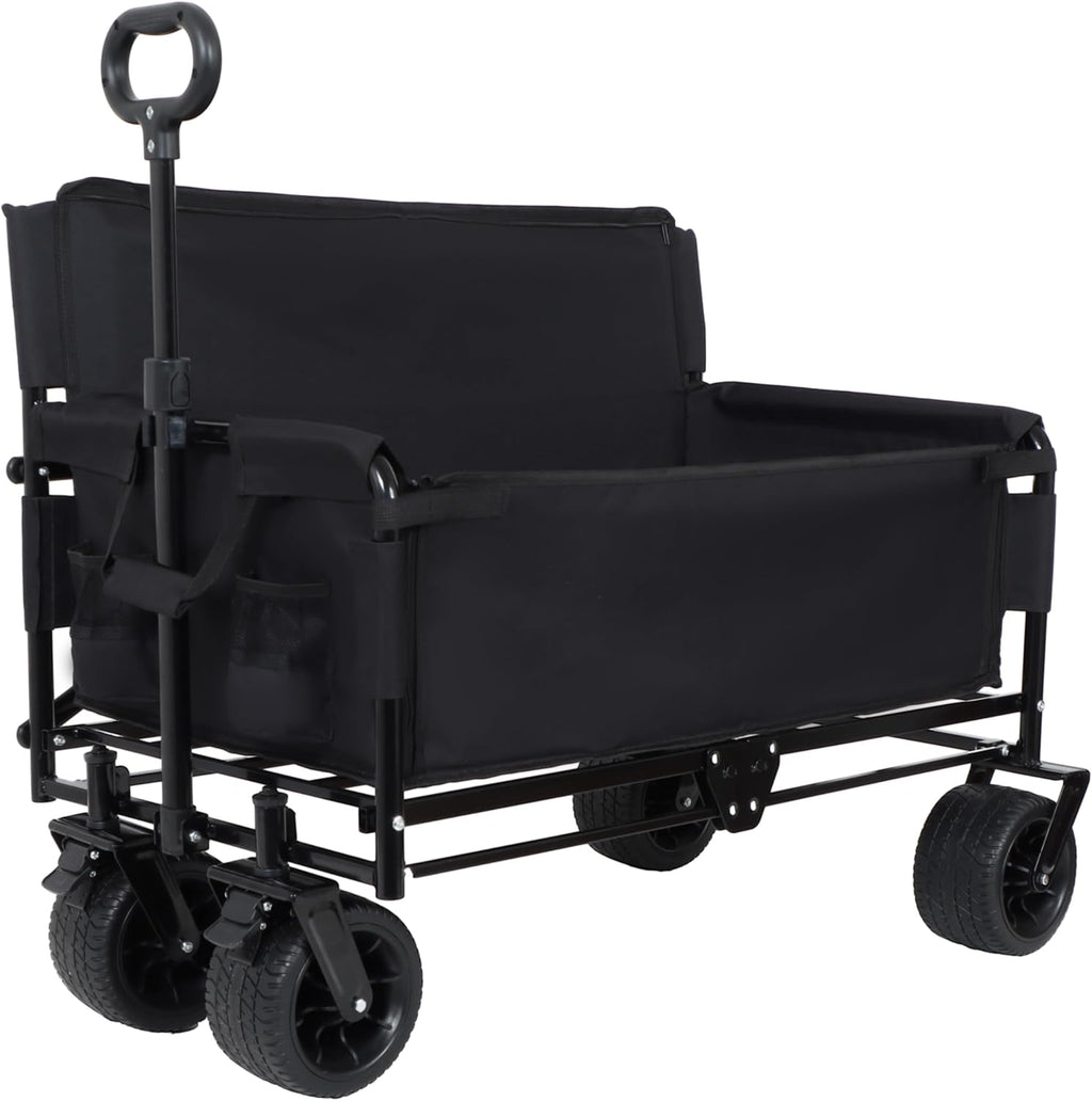 3 in 1 Convertible Folding Wagon Cart with Bench Seat Storage 500lbs Heavy Duty Utility Wagon, 180L Capacity All Terrain Wheels for Camping, Beach, Sports, Garden, Black