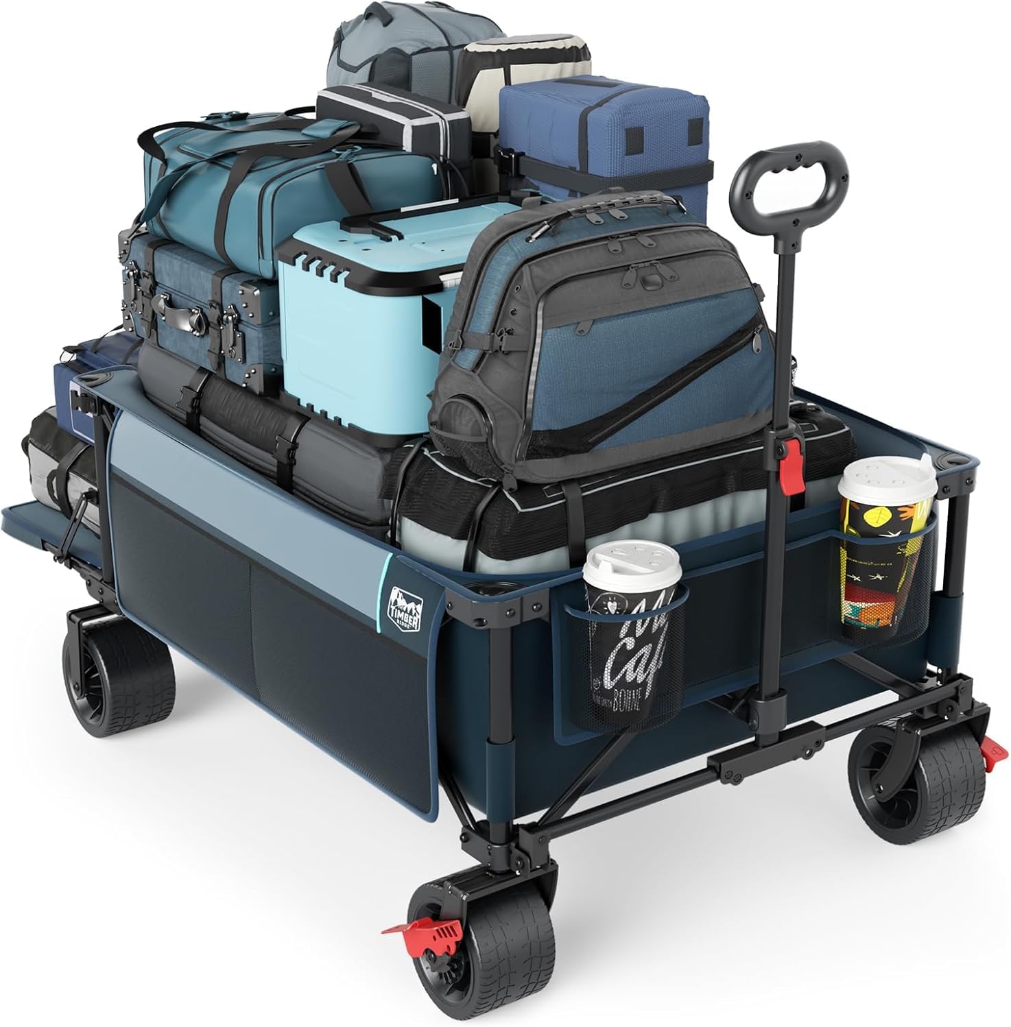 Timber Ridge 600L Beast Wagon 26' W Extra Wide All Terrain Folding w/Big Wheels, Cargo Net & Tailgate, 26' W and 55.25' L, 500lbs Heavy Duty Collapsible Portable Cart for Camping, Sports, Dogs, Blue