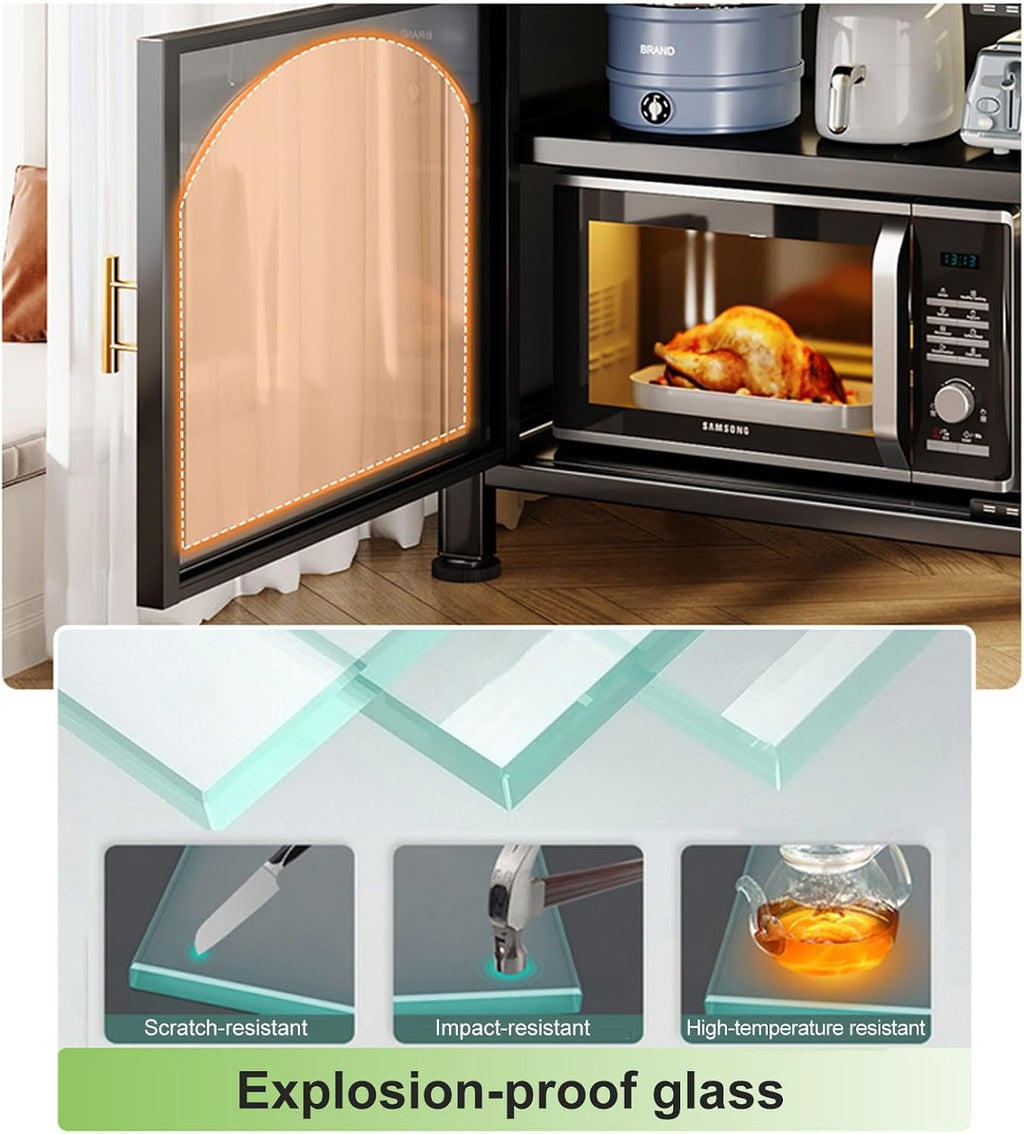 73' Microwave Stand with Drawer, Tall Bakers Rack with Cabinet, Adjustable Kitchen Cabinets with Countertop & Glass Doors