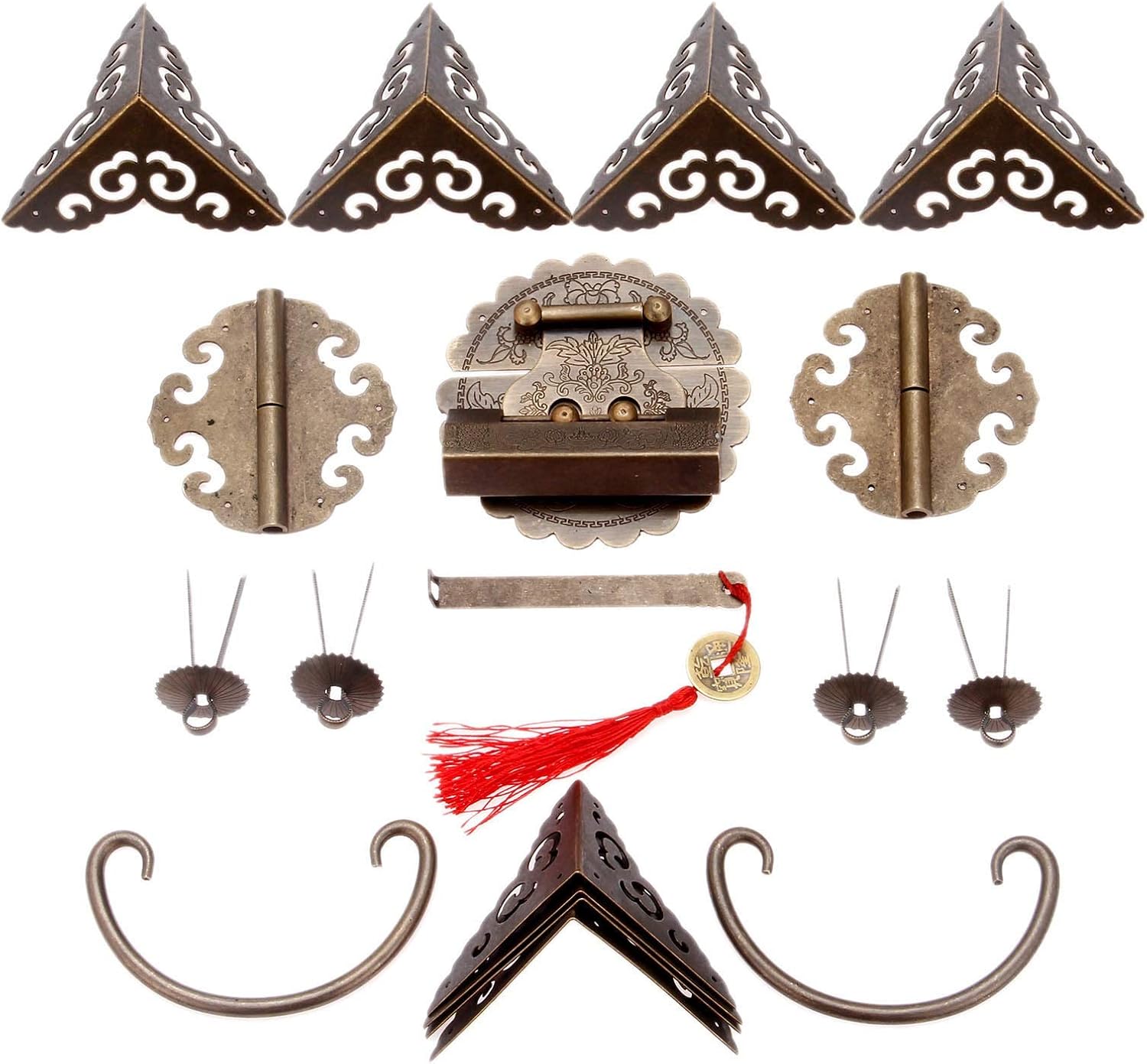 Hinges Heavy Duty Brass Chinese Decorative Hardware for Furniture Wooden Box Buckle Hasp Latch Lock Hinge Corner Protectors Handle Washers and Pins for Cabinets