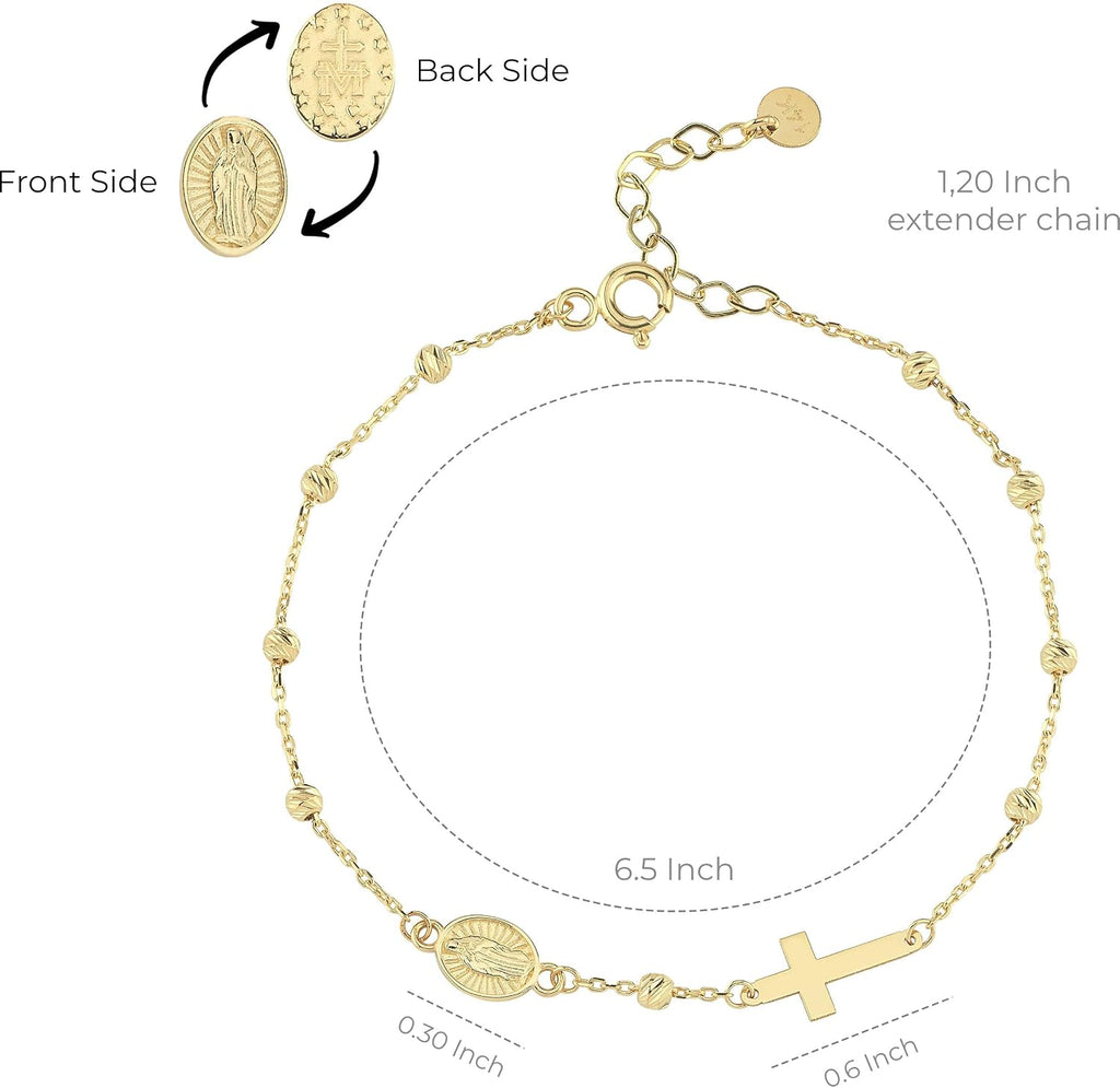 MIONZA 14K Solid Gold Rosary Sideways Cross Bracelet for Women, Adjustable Cross Bracelet, Religious Charm Catholic Jewelry, Christian Baptism Gift for Her